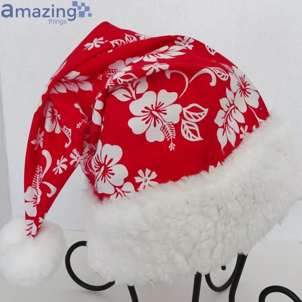 Tropical Red White Hibiscus Fabric Christmas Santa Hat For Adult And Child Product Photo 4