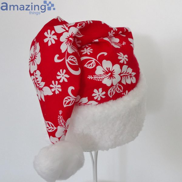 Tropical Red White Hibiscus Fabric Christmas Santa Hat For Adult And Child Product Photo 5