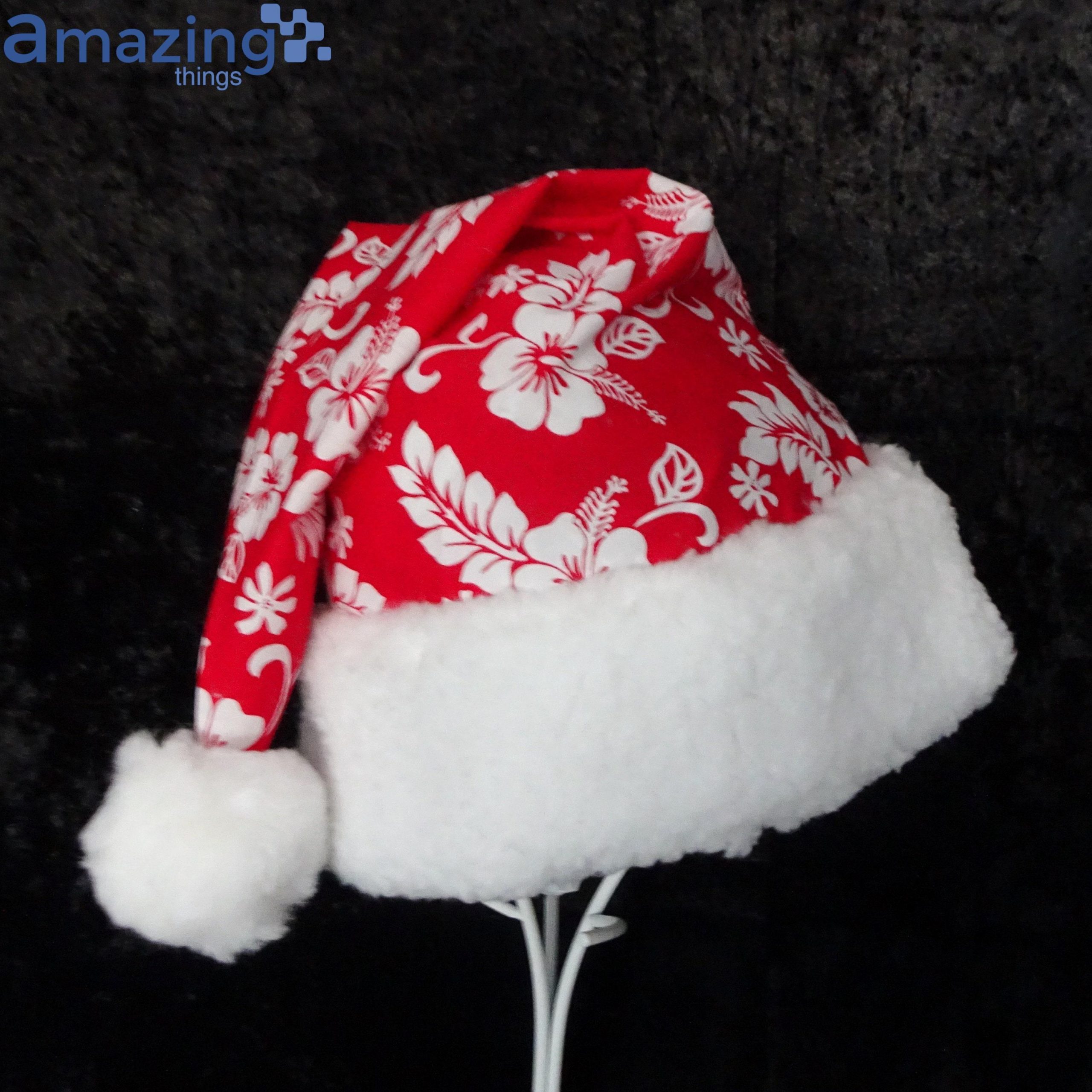 Tropical Red White Hibiscus Fabric Christmas Santa Hat For Adult And Child Product Photo 1
