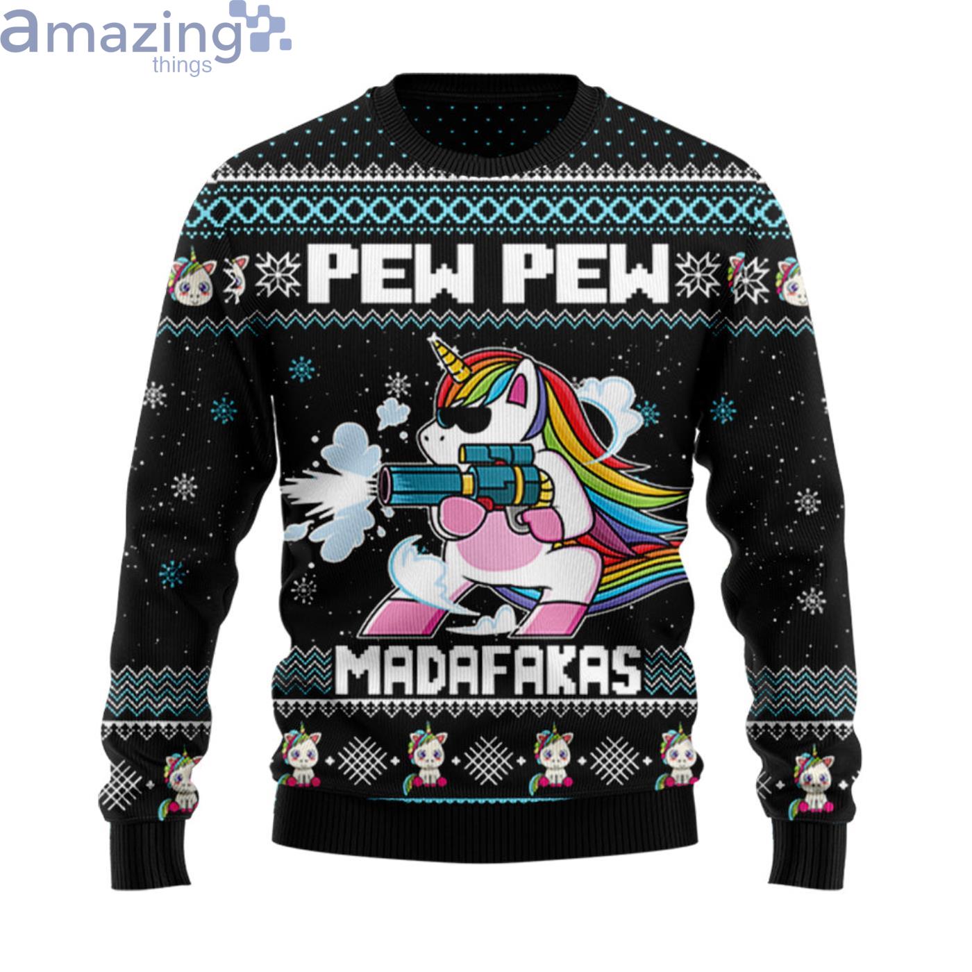 Unicorn Pew Pew Christmas Ugly Sweater Product Photo 1 Unicorn Pew Pew Christmas Ugly Sweater Product Photo 1
