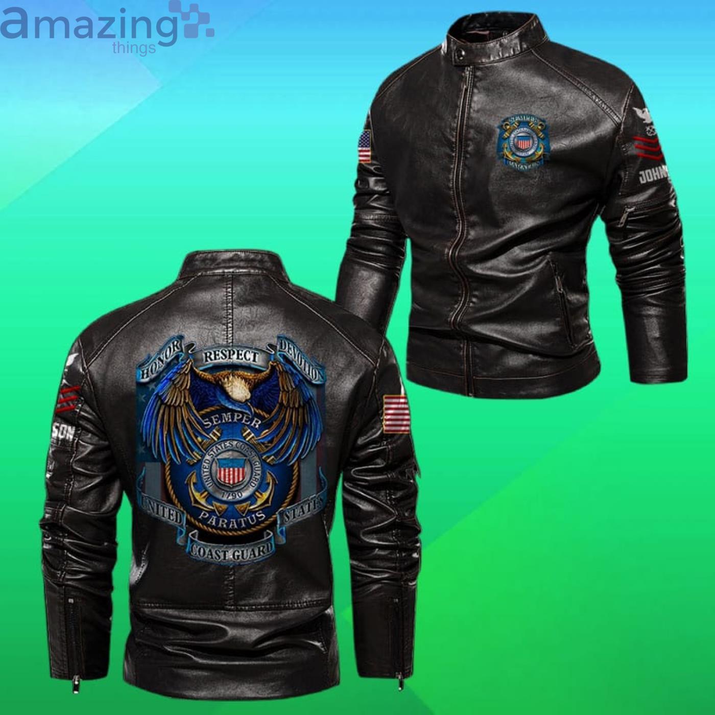 Us Coast Guard Honor Respect Devotion Custom Name Collar Leather Jacket Product Photo 1