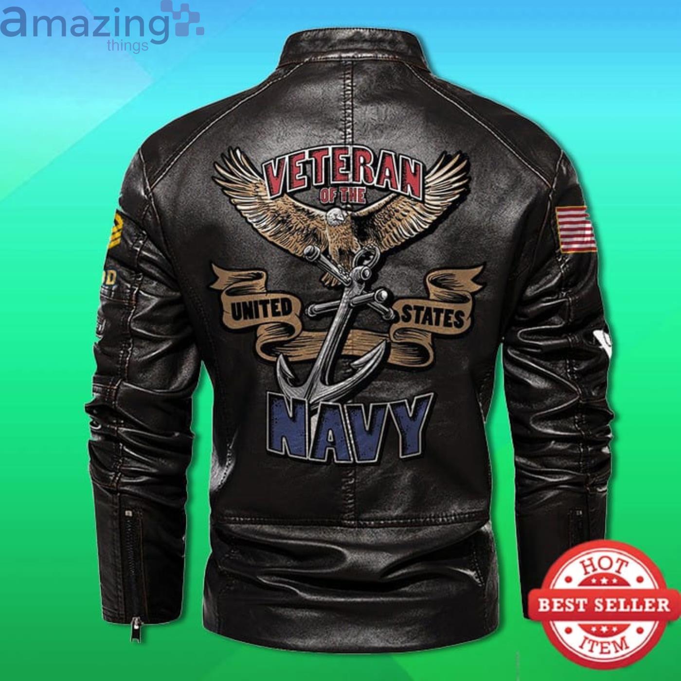 Veteran Of The United States Navy Custom Stand Collar Leather Jacket