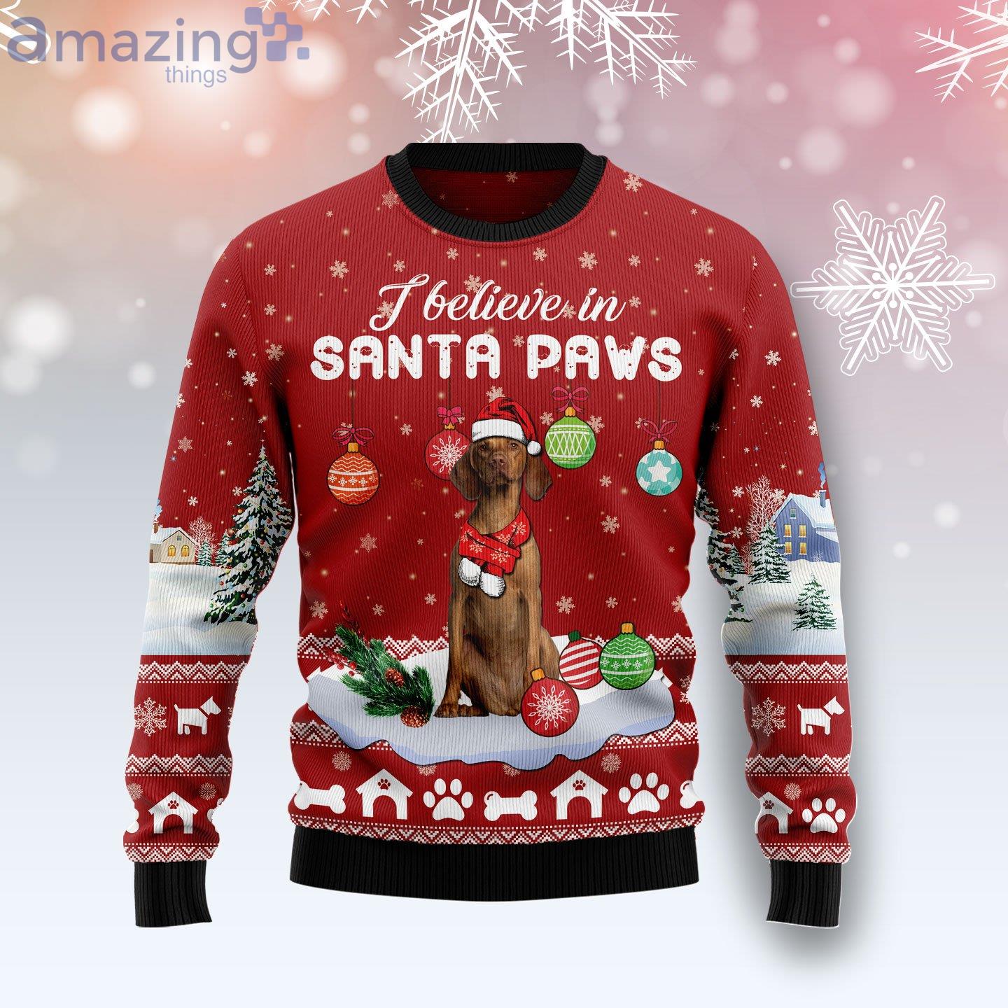 Vizsla I Believe In Santa Paws Dog Lover Ugly Christmas Sweater image Vizsla I Believe In Santa Paws Dog Lover Ugly Christmas Sweater Product Photo 1 Product photo 1