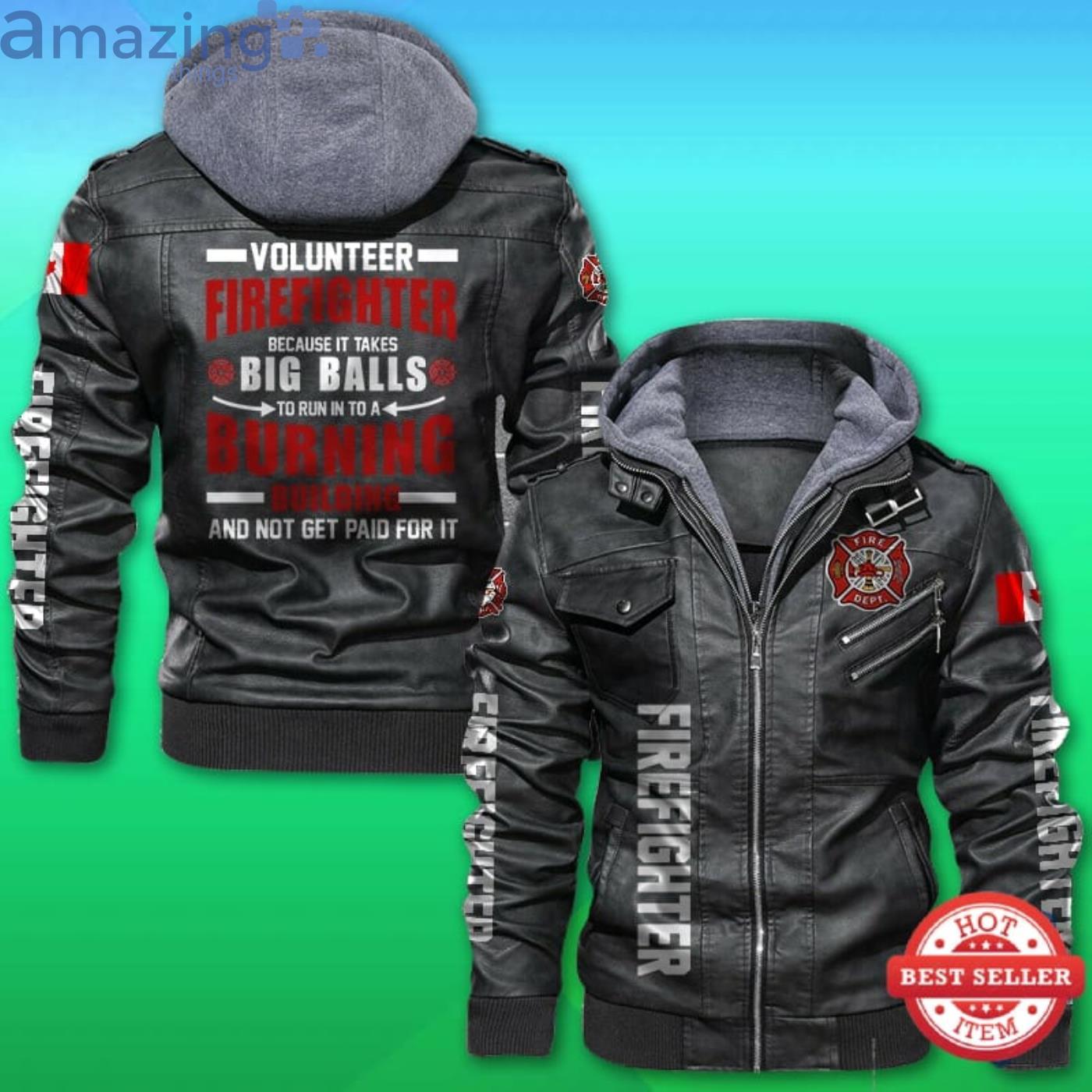 Volunteer Firefighter Because It Takes Big Balls Canadian Flag Leather Jacket Product Photo 1