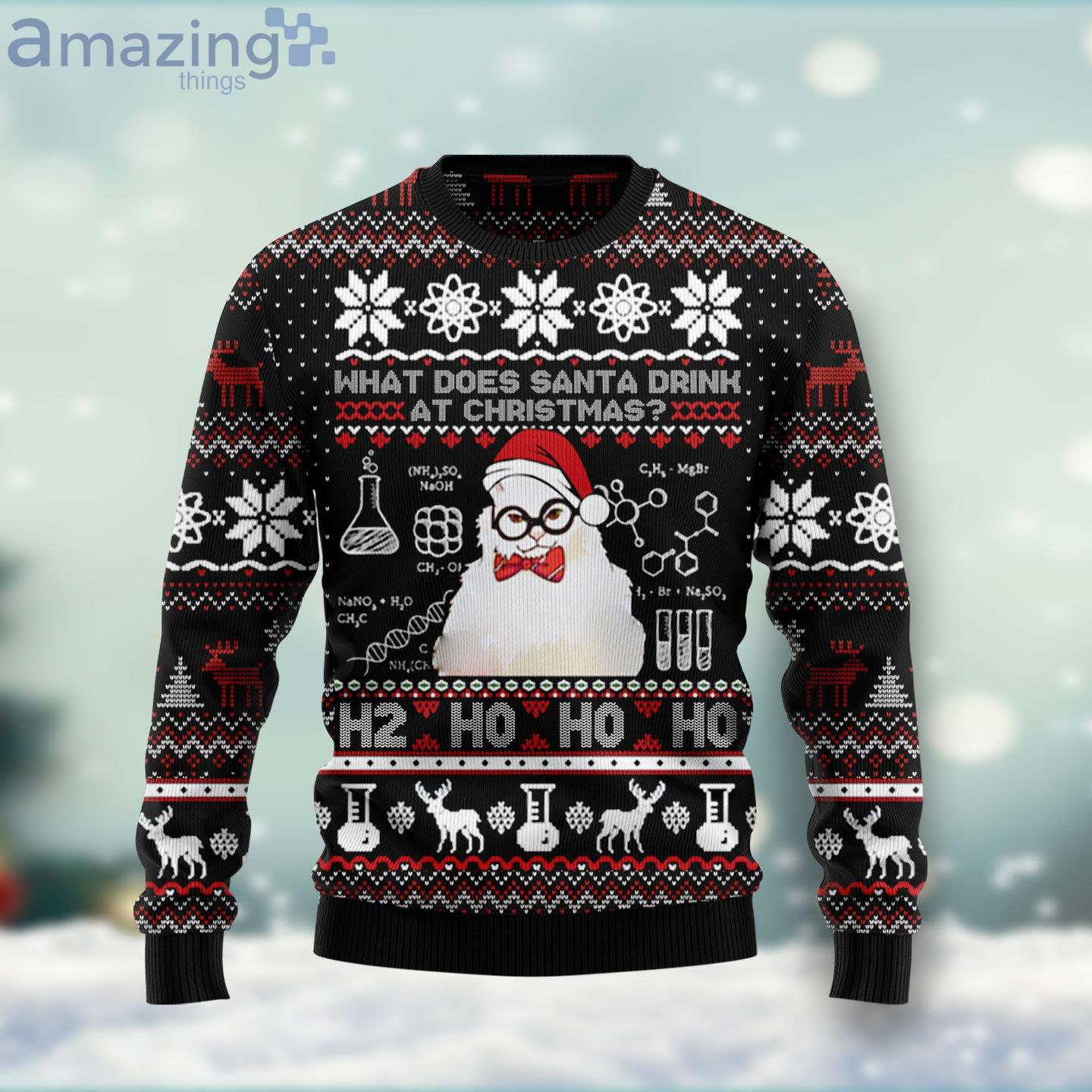 What Does Santa Drink At Christmas Cute Cat Ugly Christmas Sweater image What Does Santa Drink At Christmas Cute Cat Ugly Christmas Sweater Product Photo 1 Product photo 1