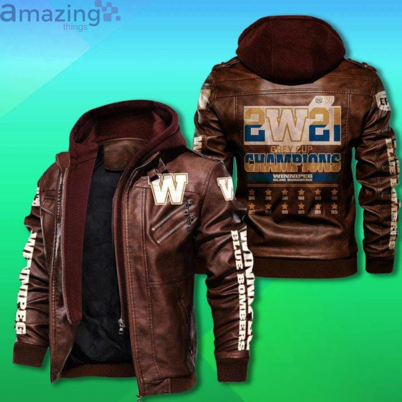 Winnipeg Blue Bombers Grey Cup 2021 Champions Leather Jacket image Winnipeg Blue Bombers Grey Cup 2021 Champions Leather Jacket Product Photo 2