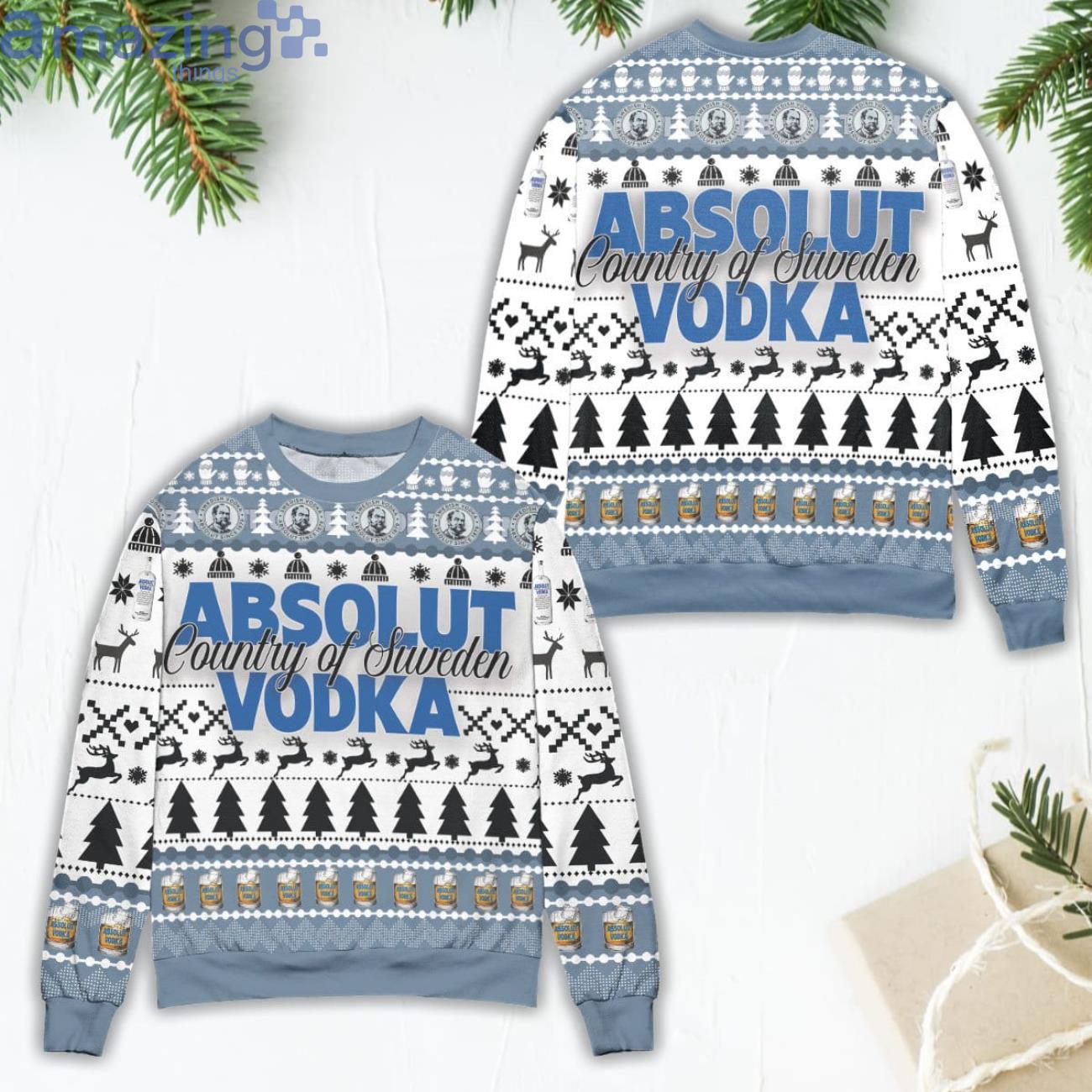 Absolut Vodka Country Of Sweden Vodka Pine Tree & Snowflake Ugly Christmas Sweater Product Photo 1 Absolut Vodka Country Of Sweden Vodka Pine Tree & Snowflake Ugly Christmas Sweater Product Photo 1