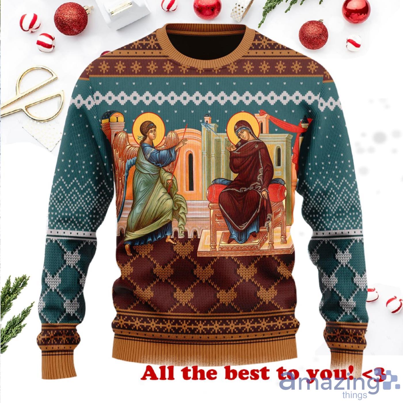 Annunciation Of The Mother Of God Wool Knitting Pattern Christmas Ugly Sweater Product Photo 1 Annunciation Of The Mother Of God Wool Knitting Pattern Christmas Ugly Sweater Product Photo 1