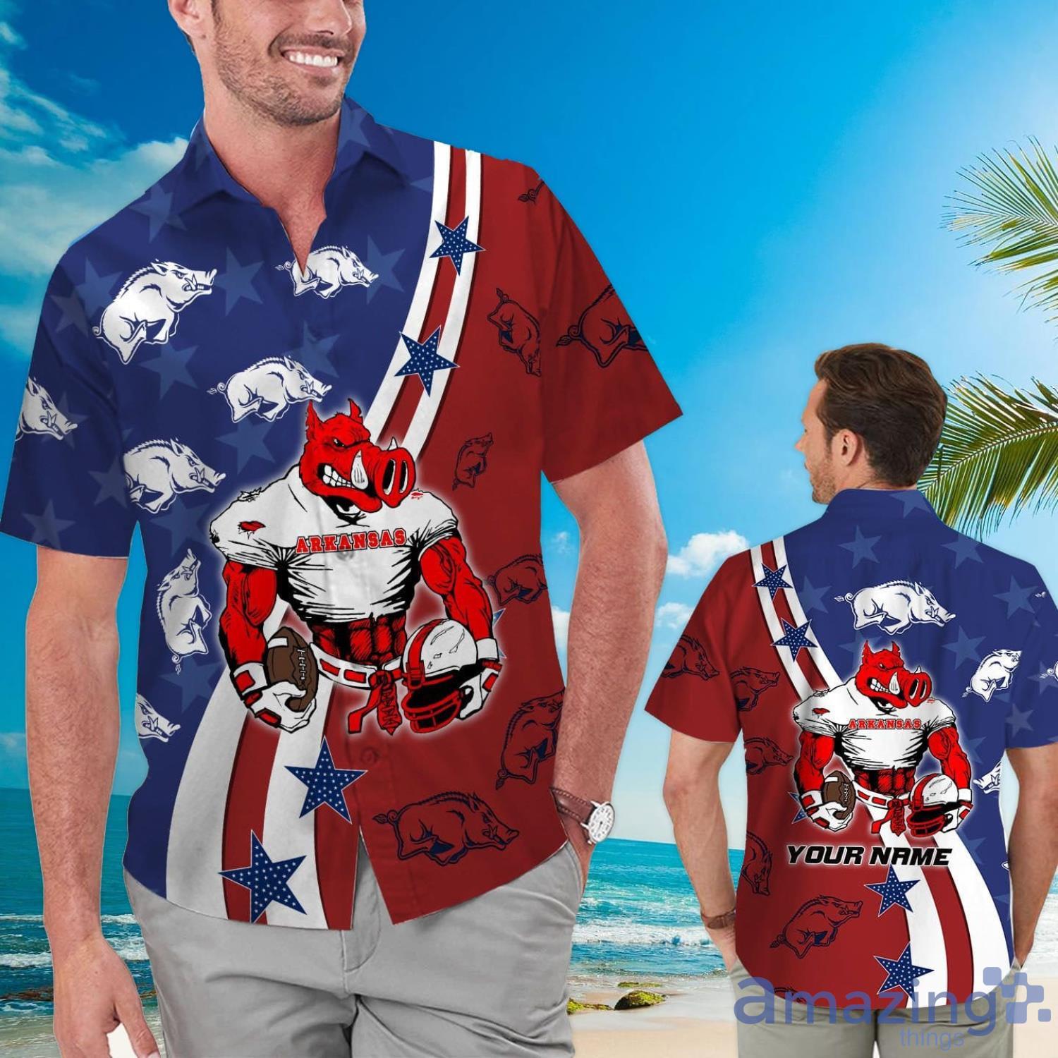 Arkansas Razorbacks American Flag Custom Name Hawaiian Shirt Product Photo 1