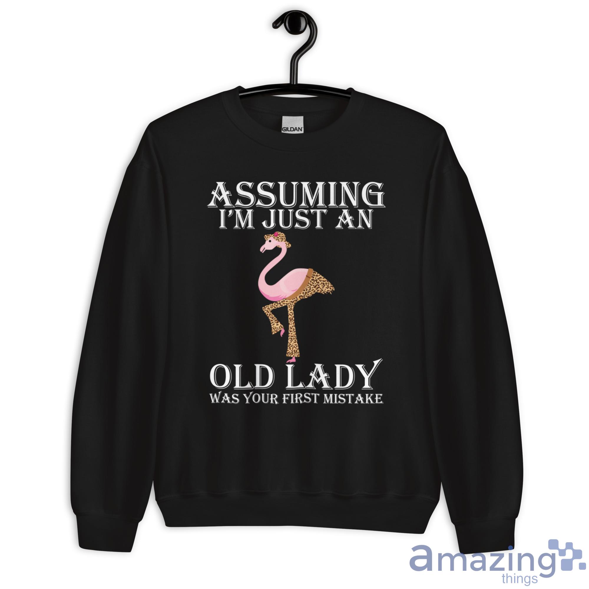 Assuming I'm Just An Old Lady Was Your First Mistake Leopard Skin Flamingo Shirt image Assuming Im Just An Old Lady Was Your First Mistake Leopard Skin Flamingo Shirt - Unisex Heavy Blend Crewneck Sweatshirt