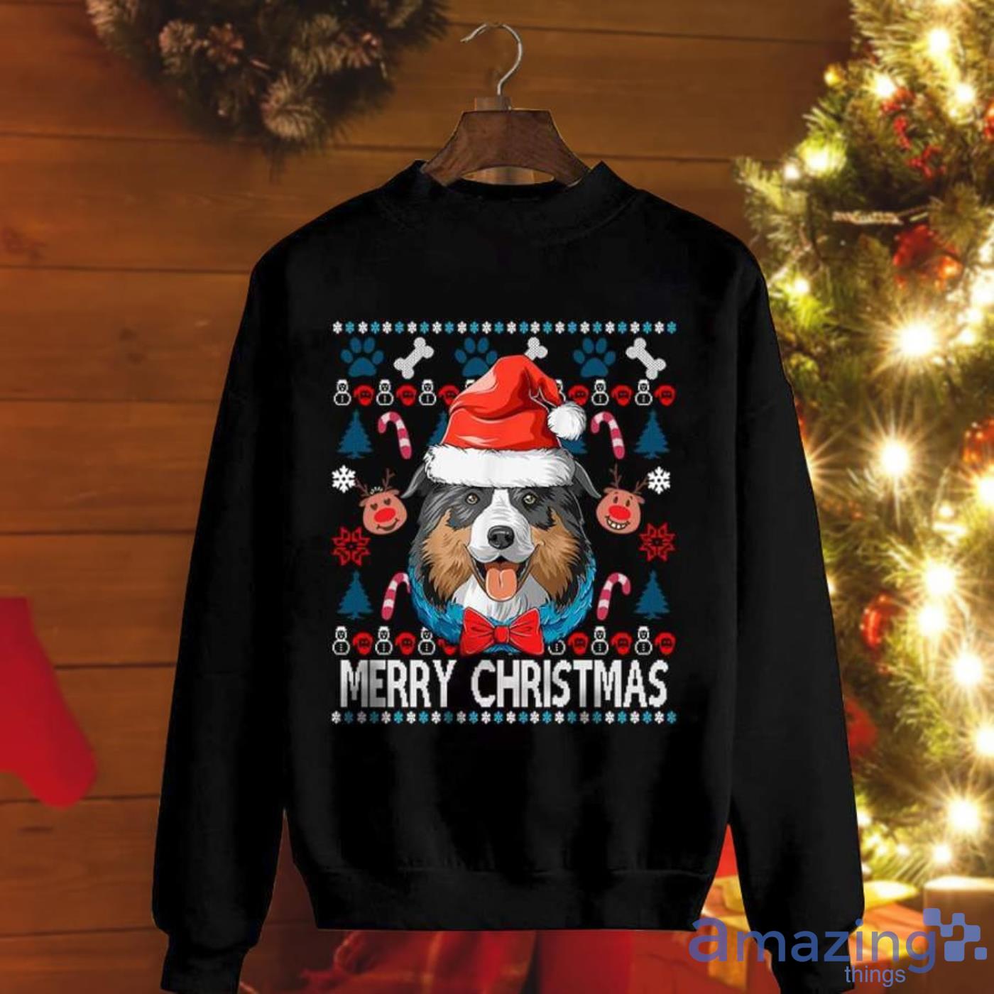 Australian Shepherd Antlers Christmas Xmas Santa Hat Candy Can Reindeer Christmas Sweatshirt Product Photo 1 Australian Shepherd Antlers Christmas Xmas Santa Hat Candy Can Reindeer Christmas Sweatshirt Product Photo 1