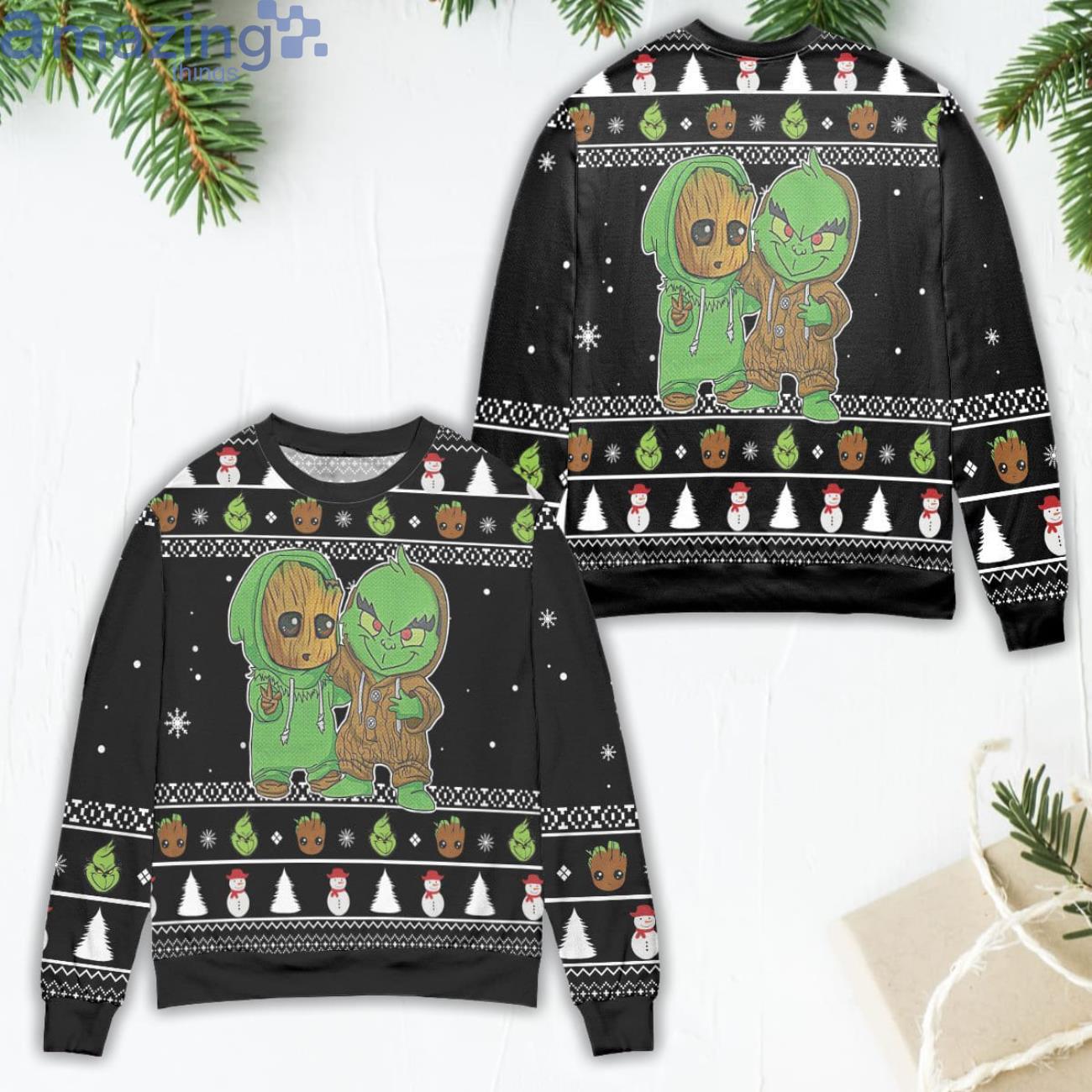 Houston Texans Baby Groot And Grinch Best Friends Ugly Christmas Sweater