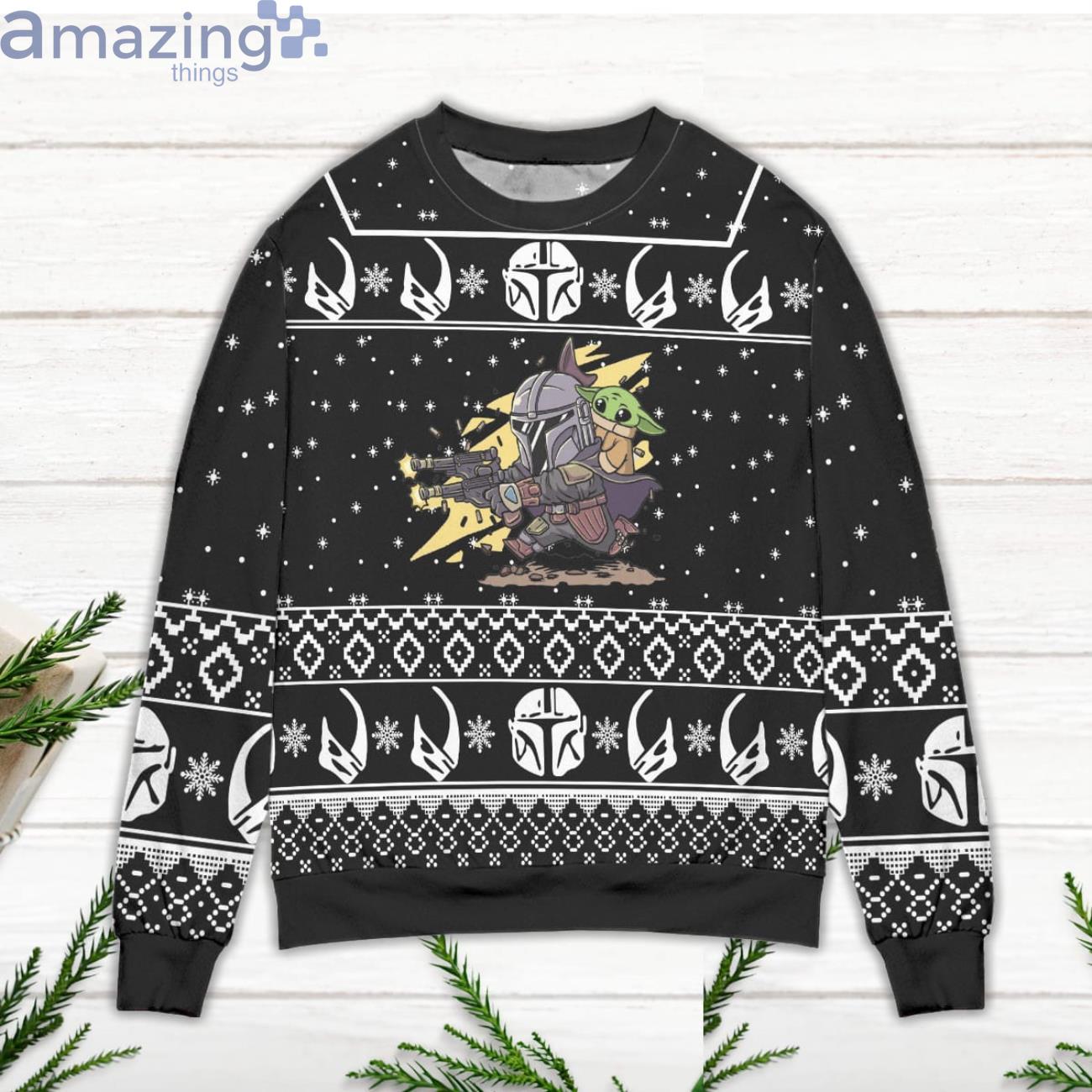 Baby Yoda Boba Fett Fire A Gun Star Wars Ugly Christmas Sweater image Baby Yoda Boba Fett Fire A Gun Star Wars Ugly Christmas Sweater Product Photo 2