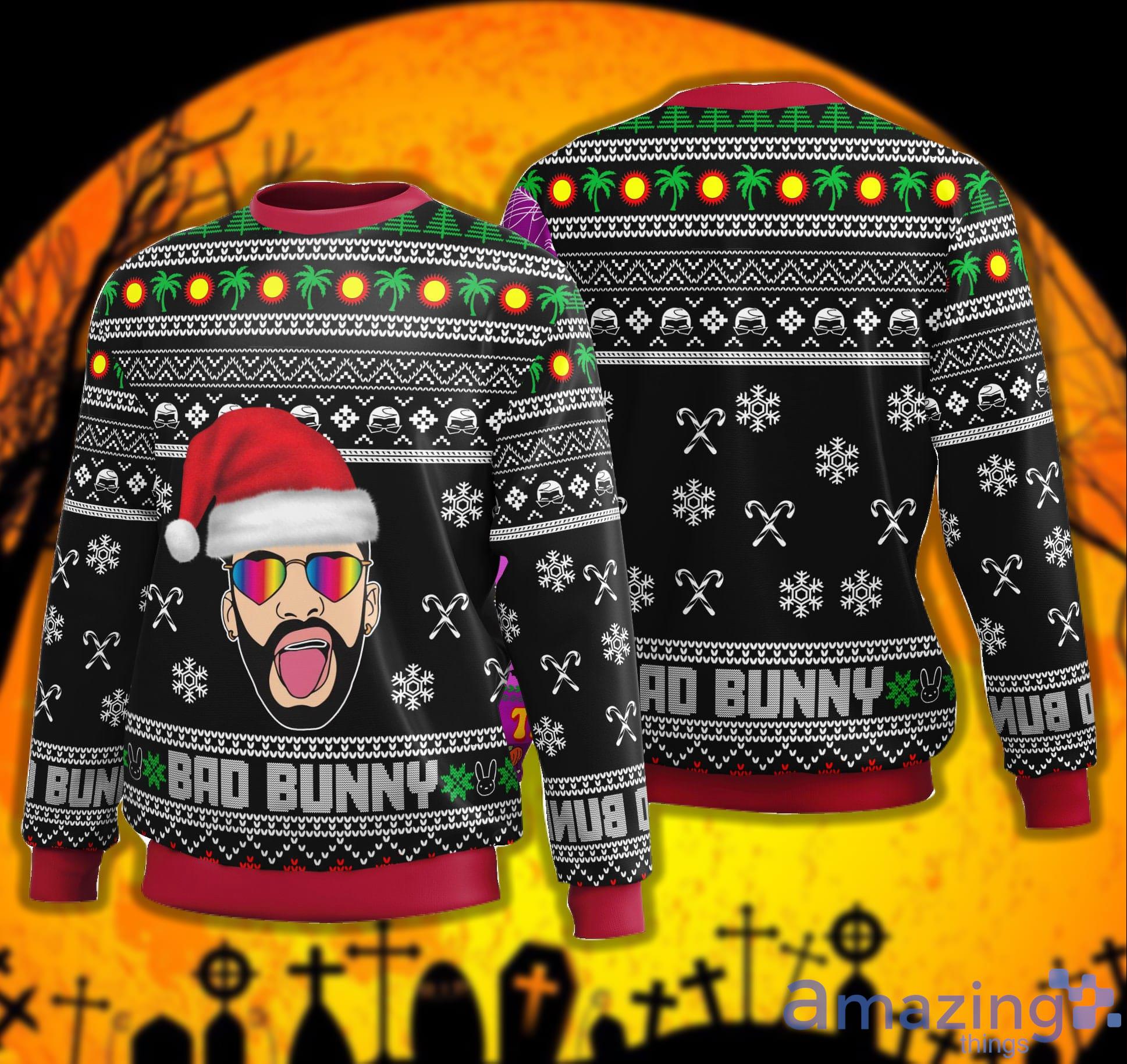 Bad Bunny Christmas Sweater Santa Un Christmas Sin Ti Black Ugly Christmas Sweater image Bad Bunny Christmas Sweater Santa Un Christmas Sin Ti Black Ugly Christmas Sweater Product Photo 2