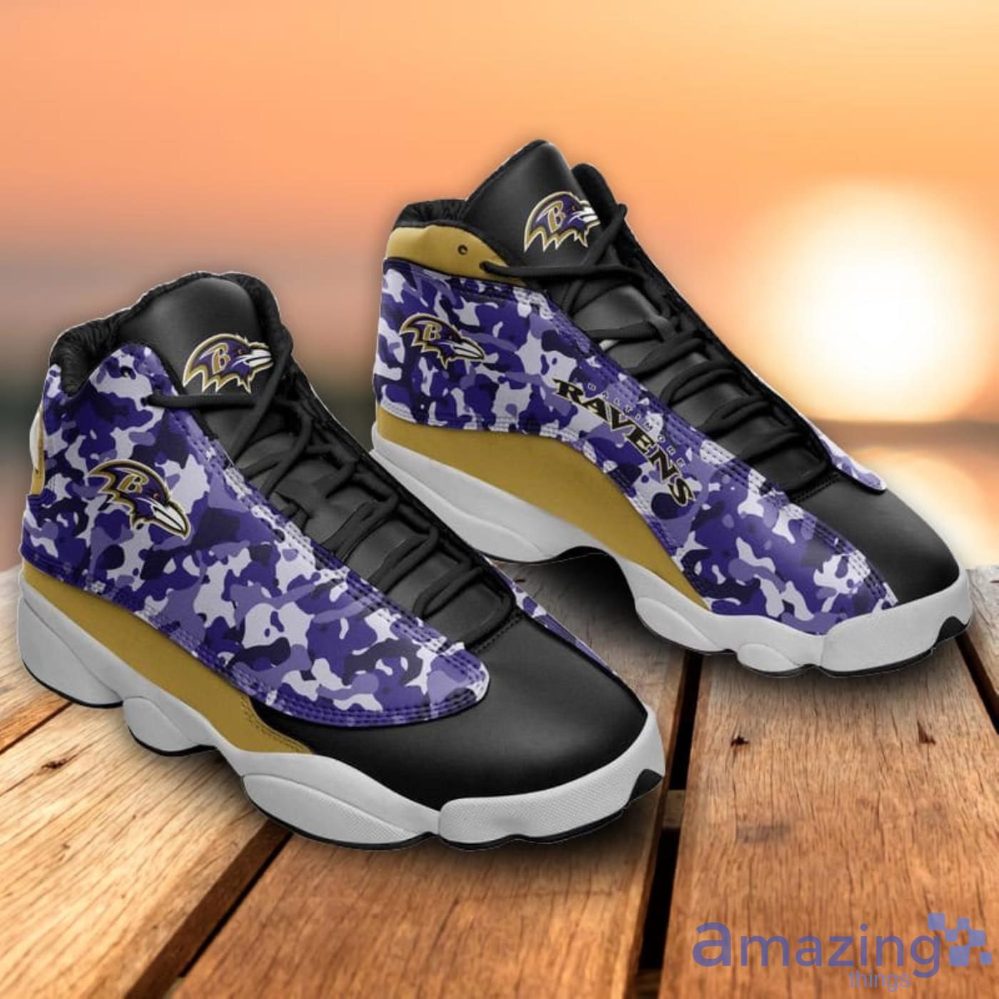 Baltimore Ravens Camo Pattern Air Jordan 13 Shoes For Fans