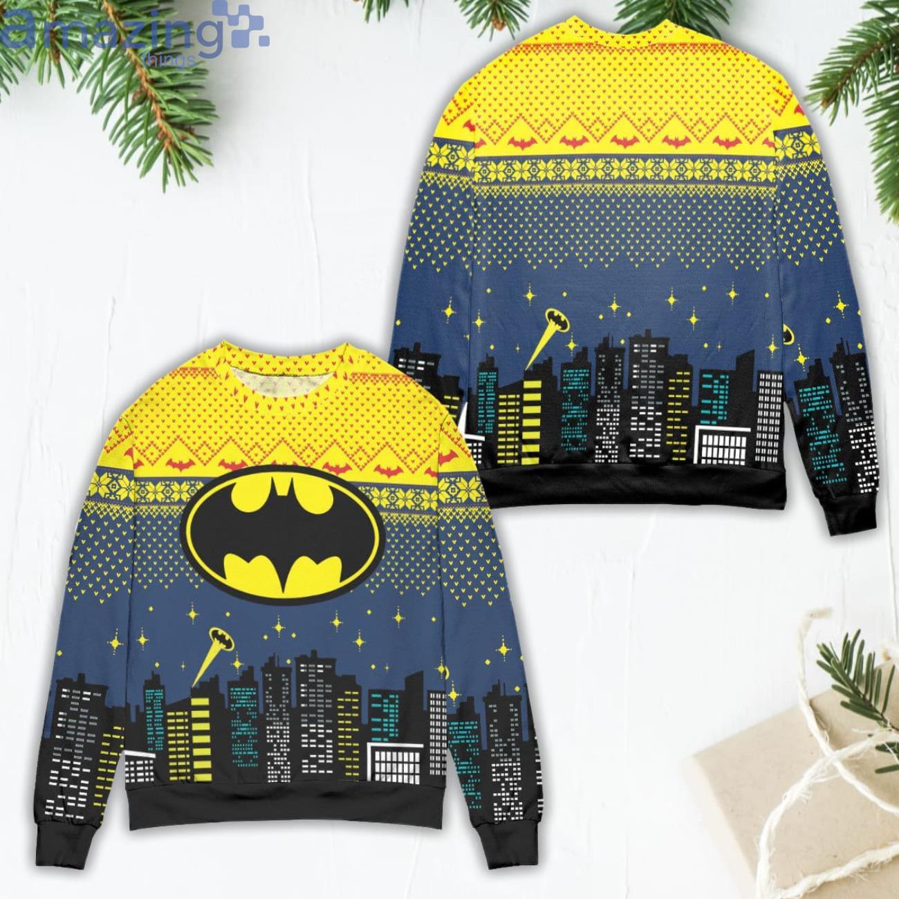 Batman Logo City Nights Ugly Christmas Sweater Yellow