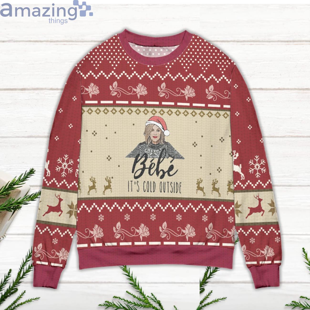 Bebe It's Cold Outside Schitt's Creek Reindeer & Snowflake Pattern Ugly Christmas Sweater image Bebe It's Cold Outside Schitt's Creek Reindeer & Snowflake Pattern Ugly Christmas Sweater