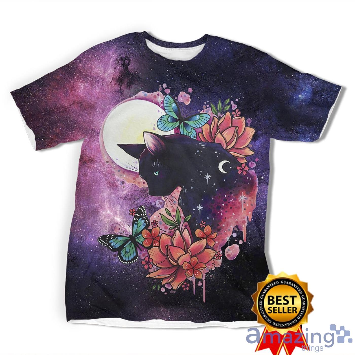 Black Cat Butterfly Flower All Over Print 3D T Shirt Product Photo 1