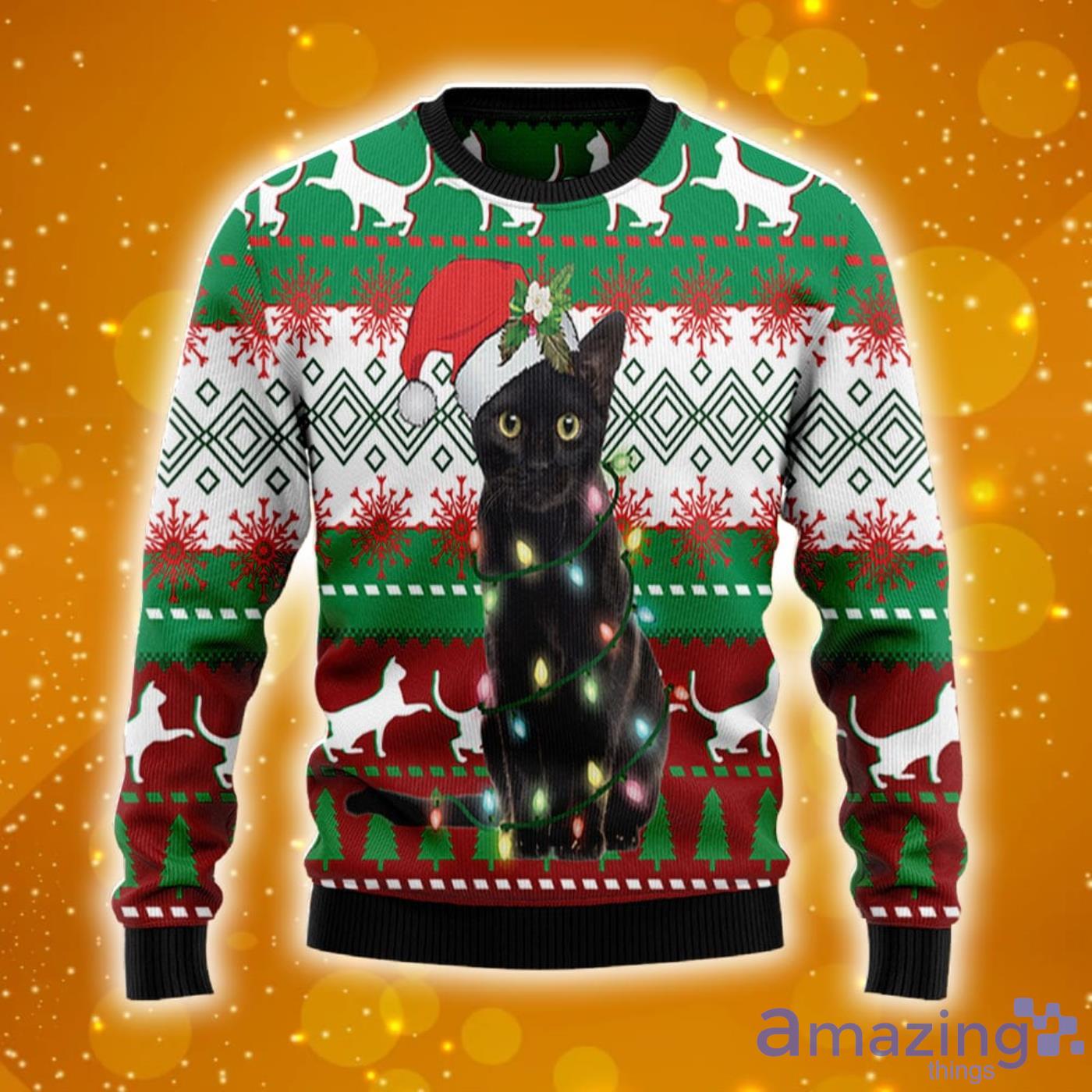Black Cat Light Christmas Sweater Hoodie 3D T Shirt Sweater Product Photo 1