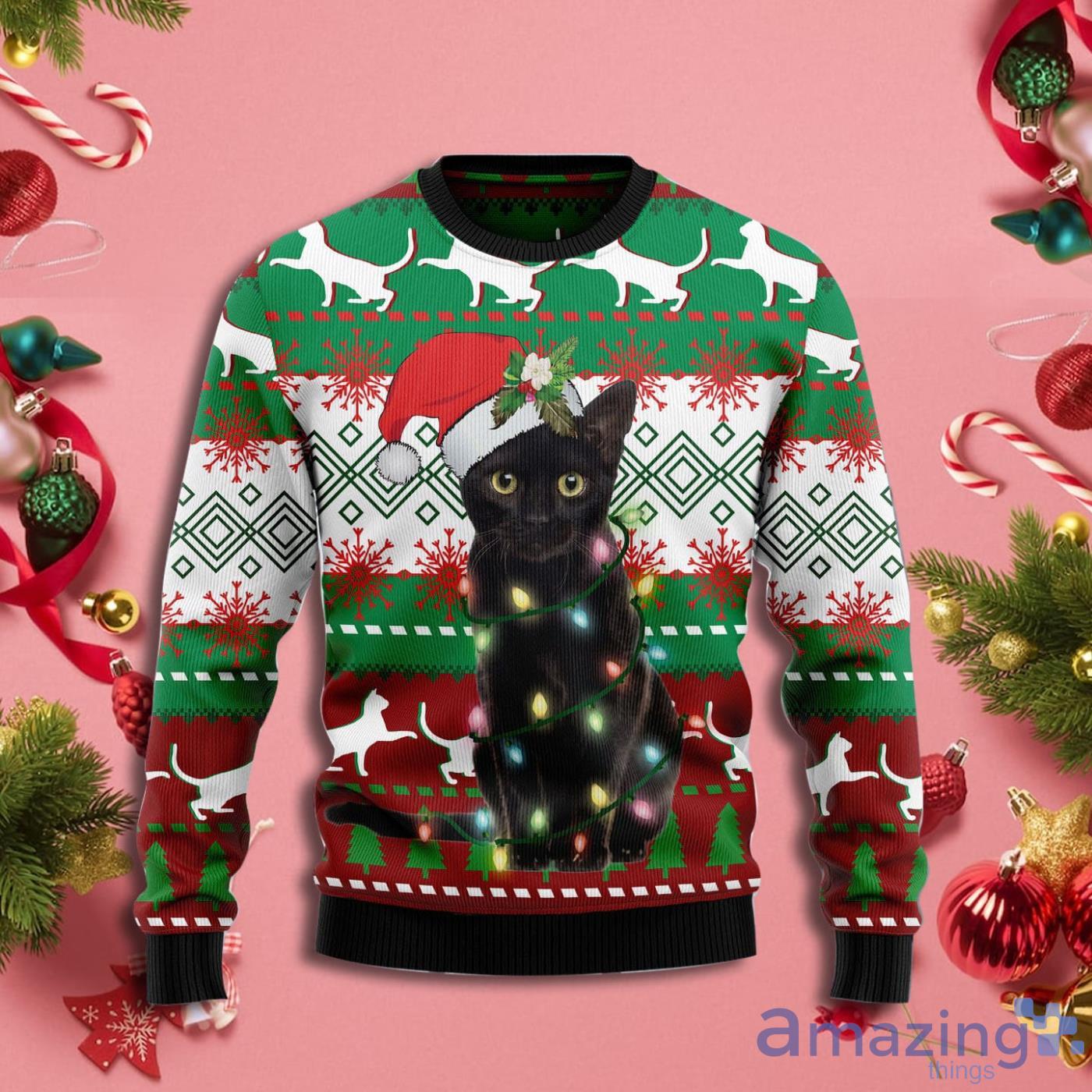 Black Cat Light Merry Christmas Ugly Sweater Hoodie 3D T Shirt Product Photo 1