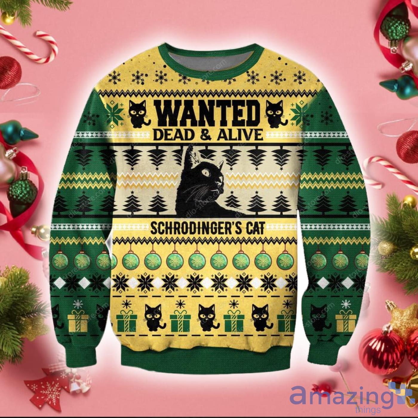 Black Cat Wanted Dead & Alive Schrodingers Cat Christmas Sweatshirt Sweater Product Photo 1