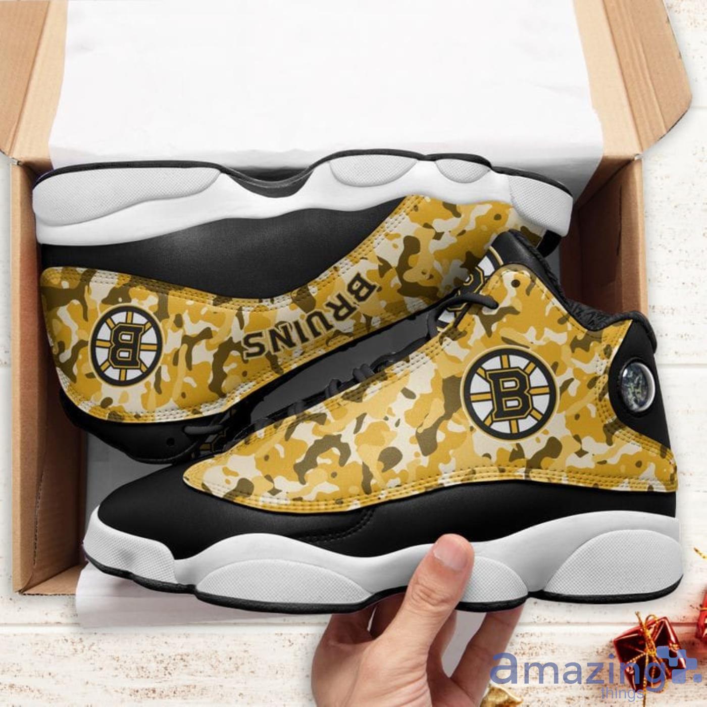 Boston Bruins Camo Pattern Air Jordan 13 Shoes For Fans