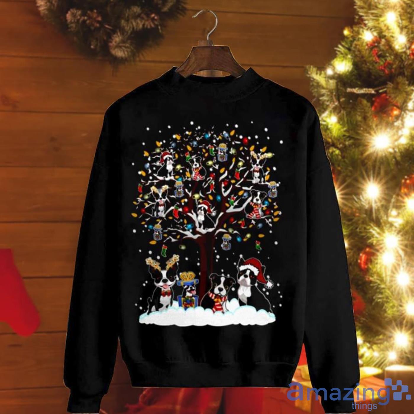 Boston Terrier Deer Santa Hat Tree Christmas Sweatshirt Product Photo 1