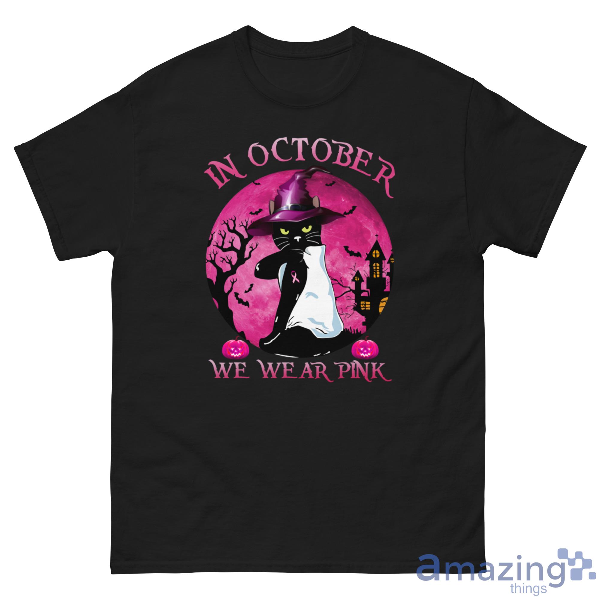 Breast Cancer Black Cat Witch In October We Wear Pink Halloween Shirt image Breast Cancer Black Cat Witch In October We Wear Pink Halloween Shirt - G500 Men’s Classic Tee
