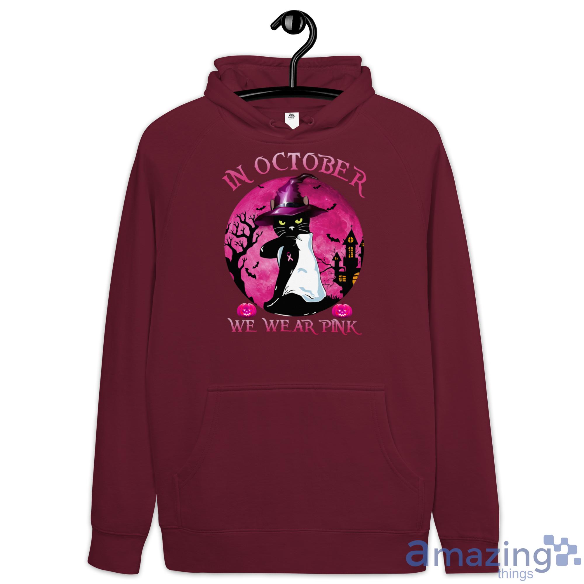 Breast Cancer Black Cat Witch In October We Wear Pink Halloween Shirt image Breast Cancer Black Cat Witch In October We Wear Pink Halloween Shirt - Hoodie-1