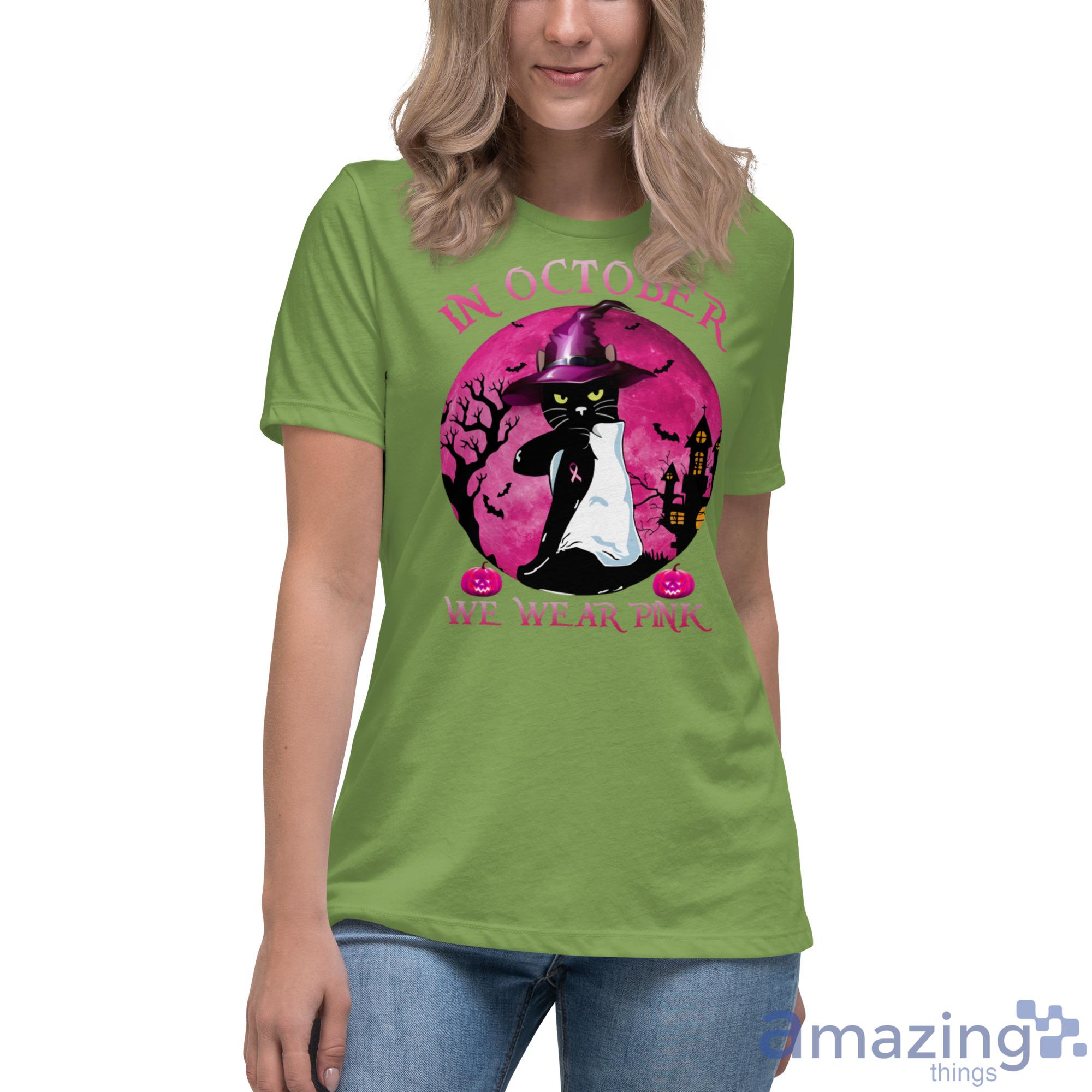 Breast Cancer Black Cat Witch In October We Wear Pink Halloween Shirt image Breast Cancer Black Cat Witch In October We Wear Pink Halloween Shirt