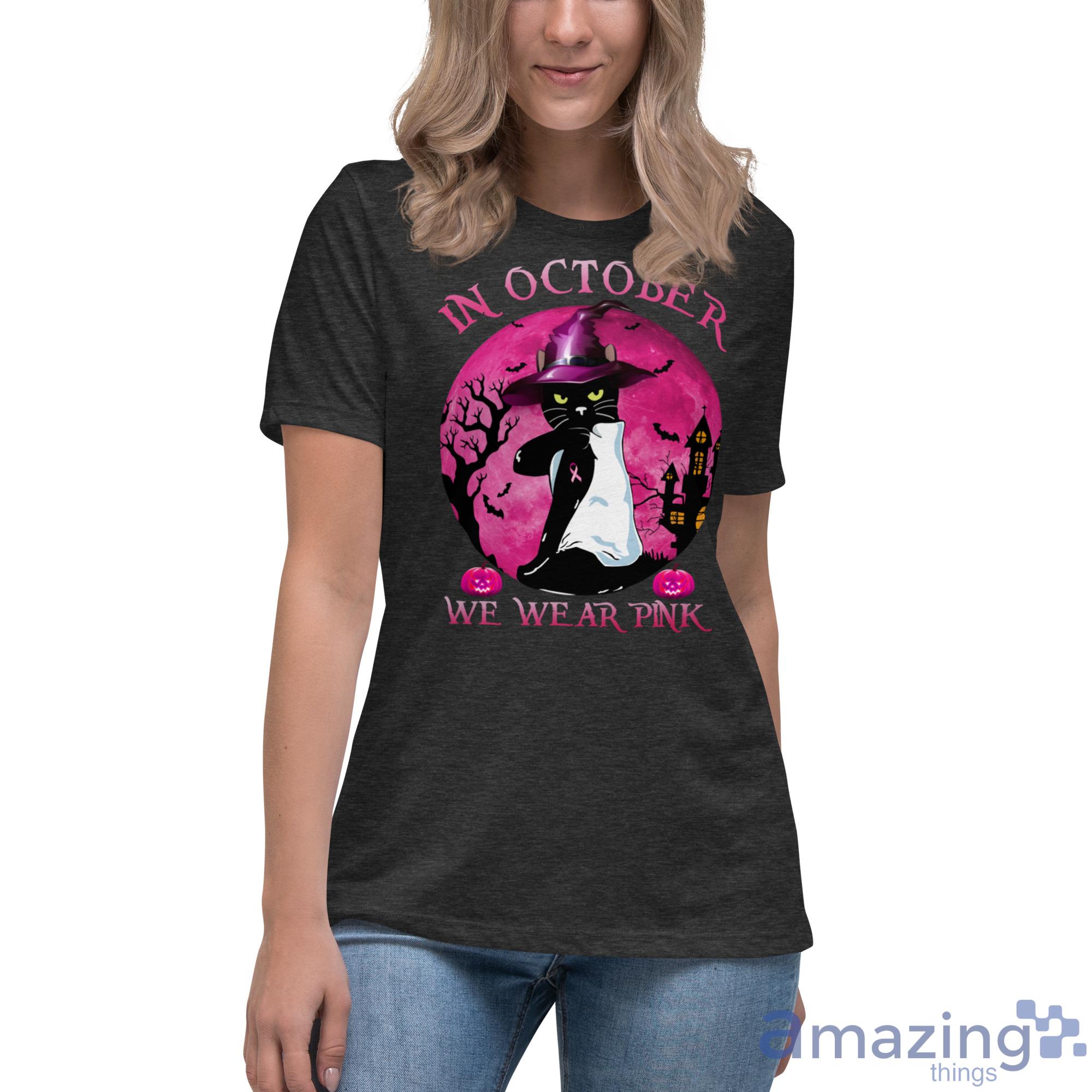 Breast Cancer Black Cat Witch In October We Wear Pink Halloween Shirt image Breast Cancer Black Cat Witch In October We Wear Pink Halloween Shirt - Womens Relaxed Short Sleeve Jersey Tee