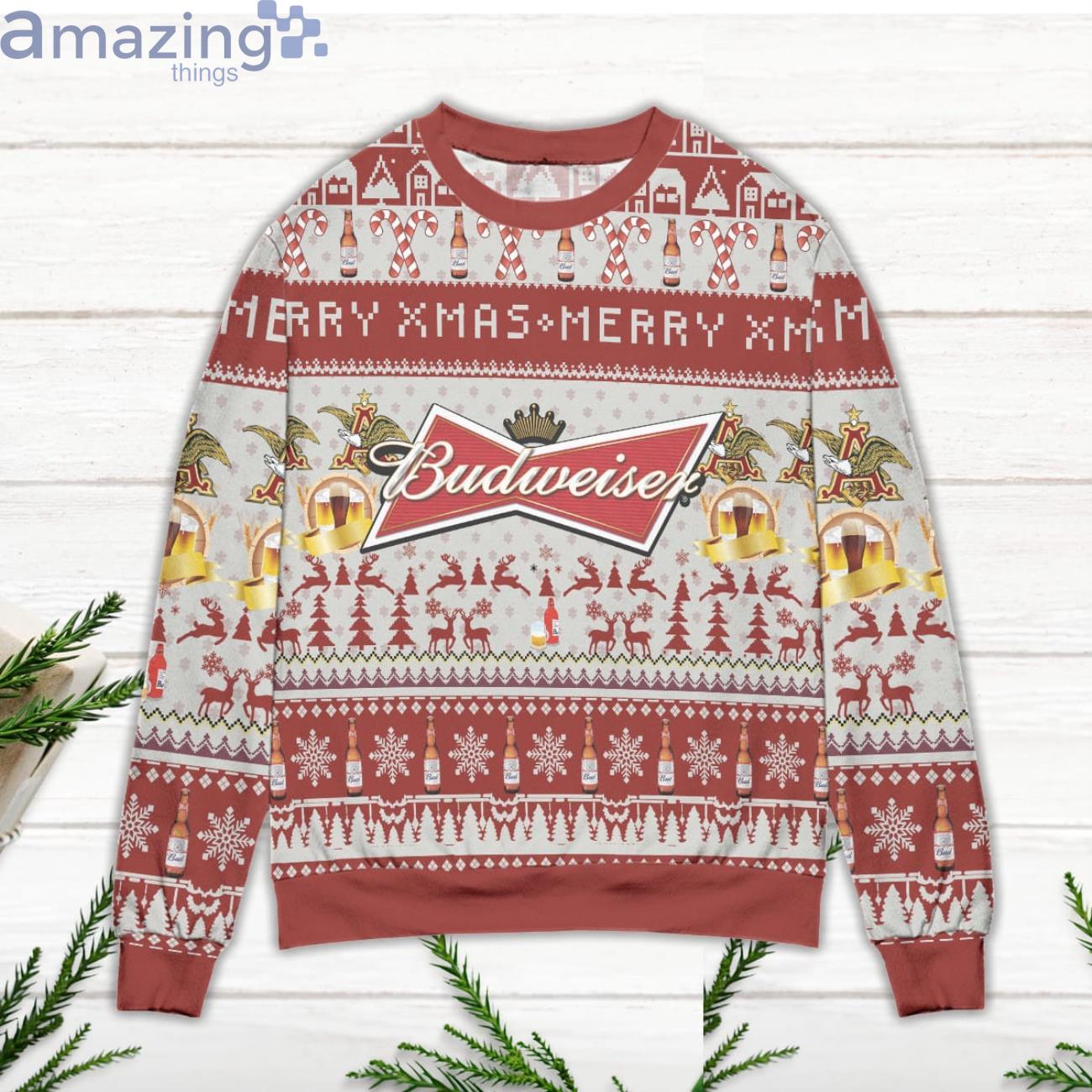 Budweiser Merry Xmas Reindeer & Snowflake Pattern Ugly Christmas Sweater image Budweiser Merry Xmas Reindeer & Snowflake Pattern Ugly Christmas Sweater Product Photo 2