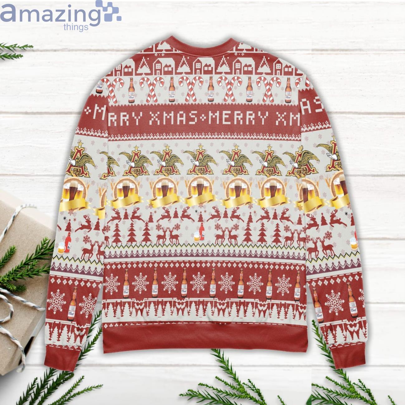 Budweiser Merry Xmas Reindeer & Snowflake Pattern Ugly Christmas Sweater image Budweiser Merry Xmas Reindeer & Snowflake Pattern Ugly Christmas Sweater Product Photo 3