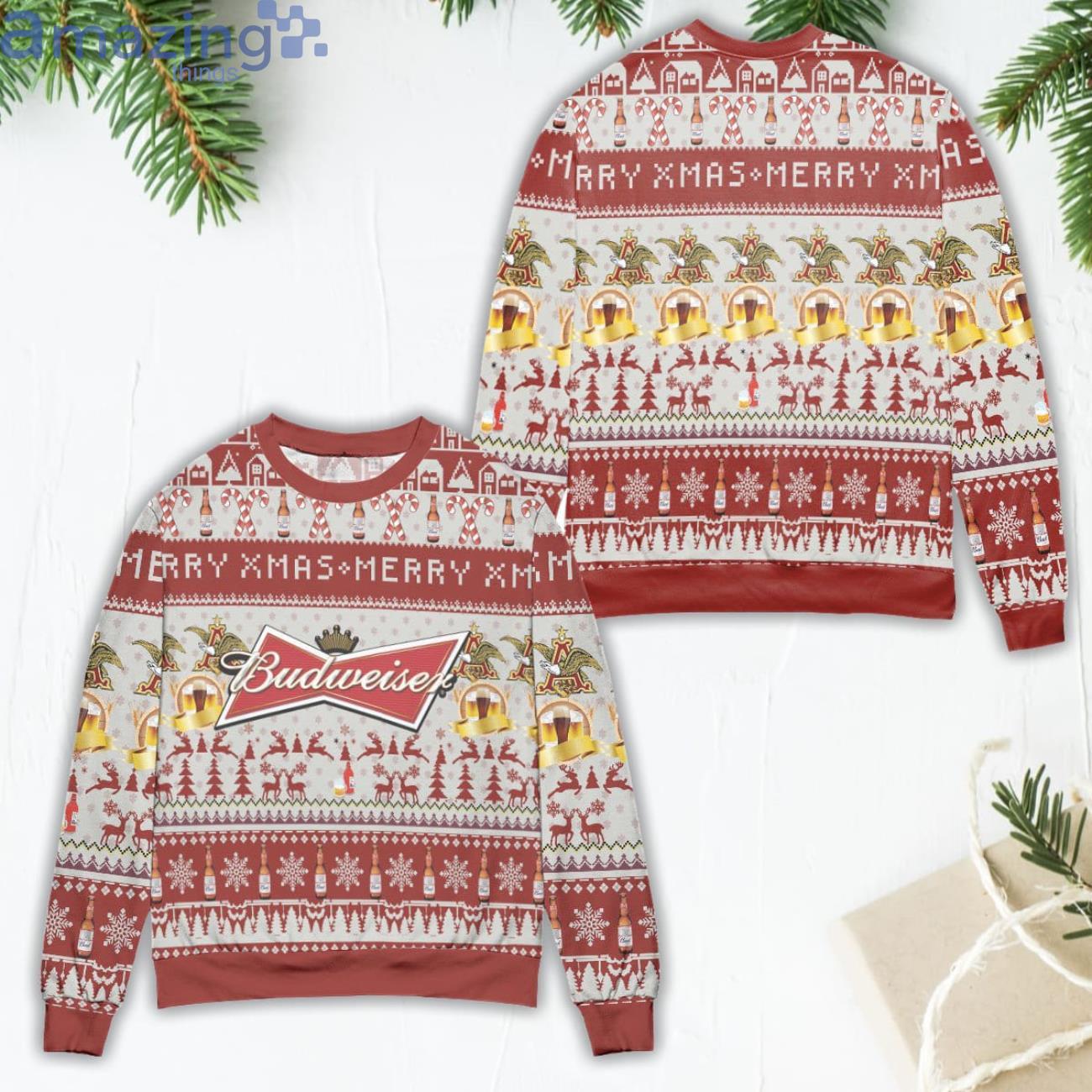 Budweiser Merry Xmas Reindeer & Snowflake Pattern Ugly Christmas Sweater Product Photo 1 Budweiser Merry Xmas Reindeer & Snowflake Pattern Ugly Christmas Sweater Product Photo 1