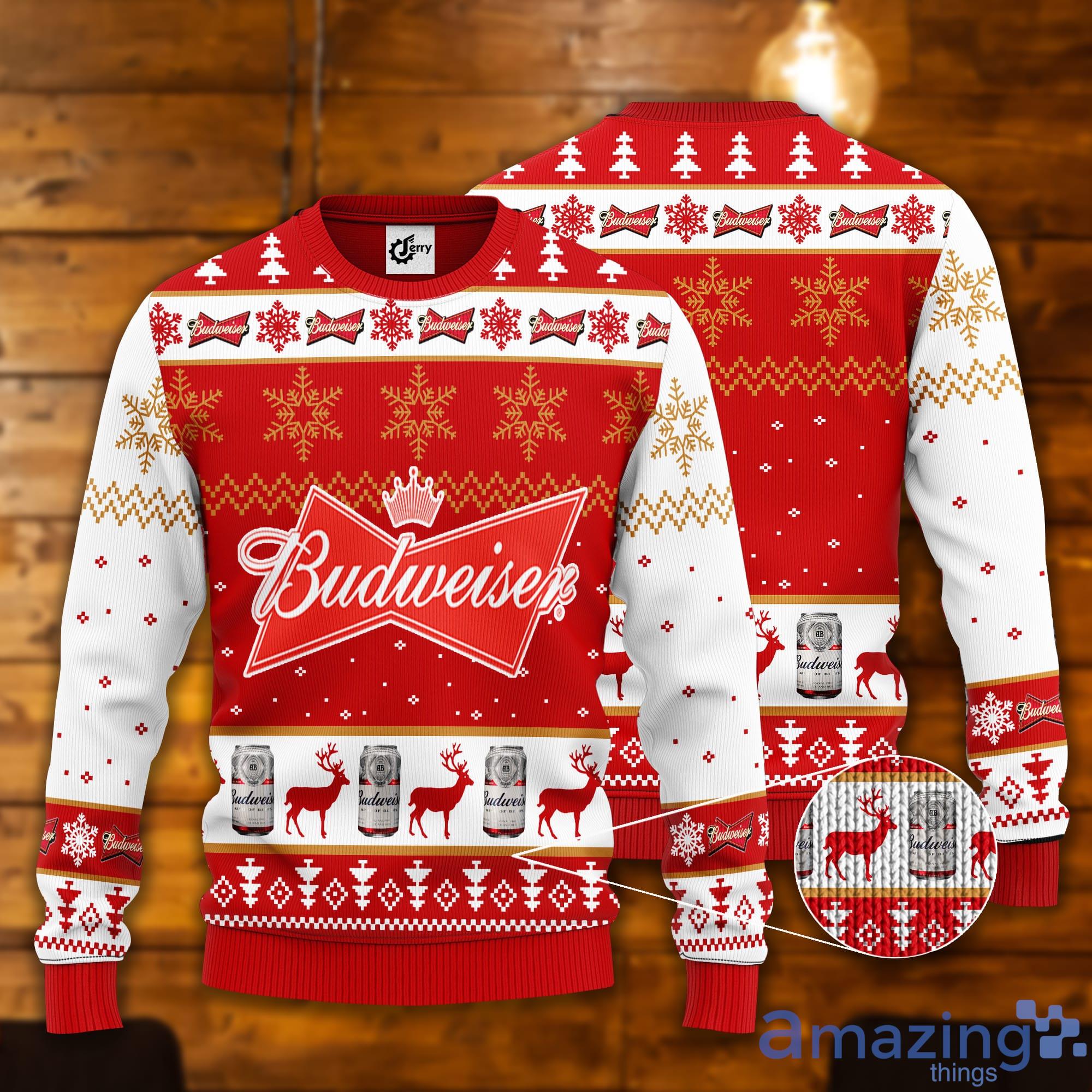 Budweiser Snowflake Pattern Ugly Christmas Sweater Product Photo 1 Budweiser Snowflake Pattern Ugly Christmas Sweater Product Photo 1