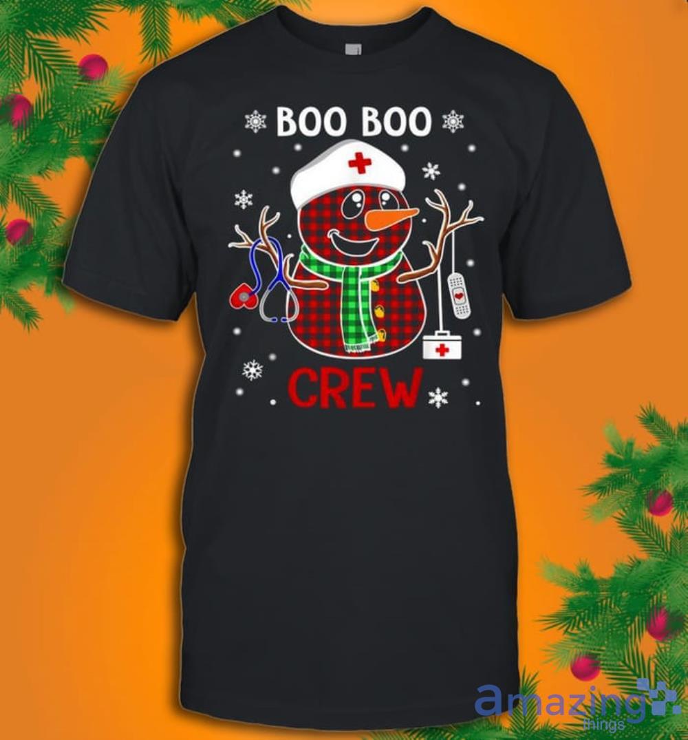 Buffalo Plaid Snowman Nurse Boo Boo Crew Christmas T-Shirt Product Photo 1