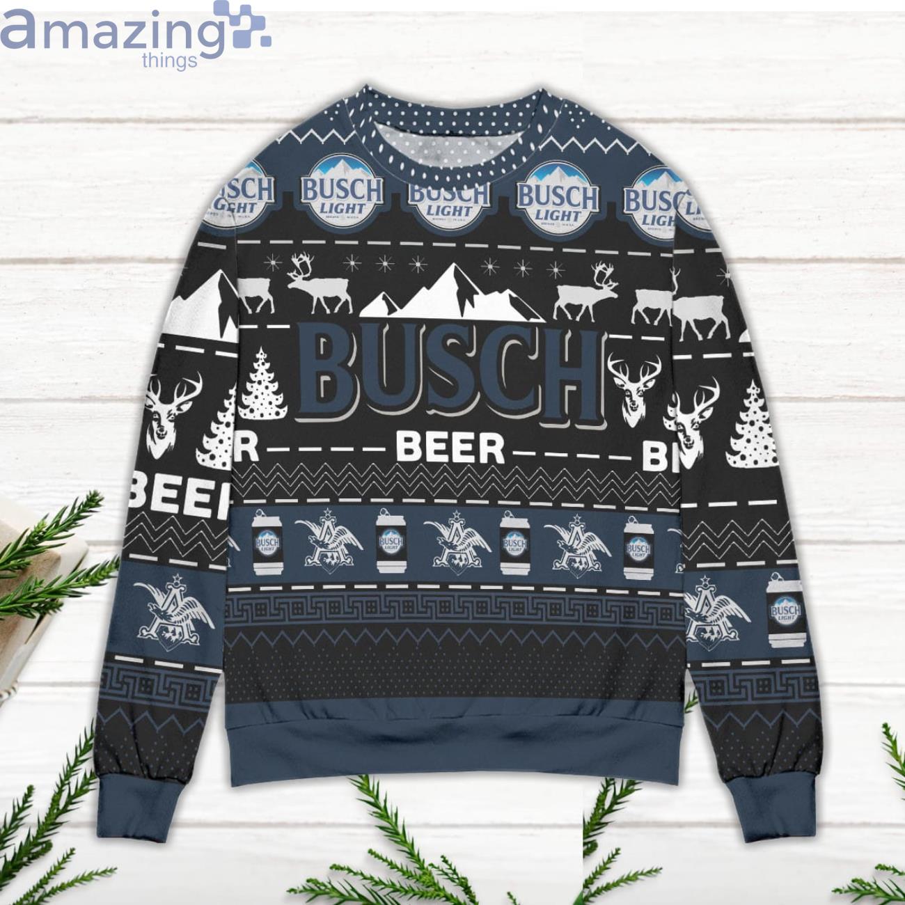 Busch Beer Reindeer Pattern Ugly Christmas Sweater Navy image Busch Beer Reindeer Pattern Ugly Christmas Sweater Navy Product Photo 3