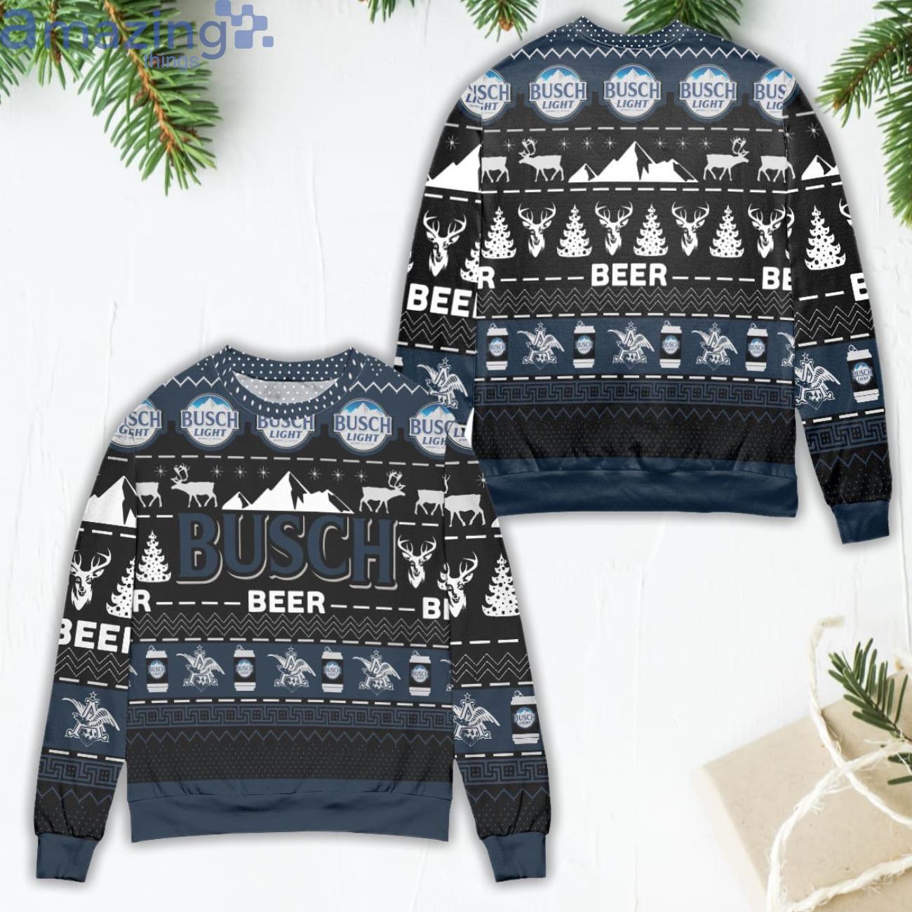 Busch Beer Reindeer Pattern Ugly Christmas Sweater Navy Product Photo 1