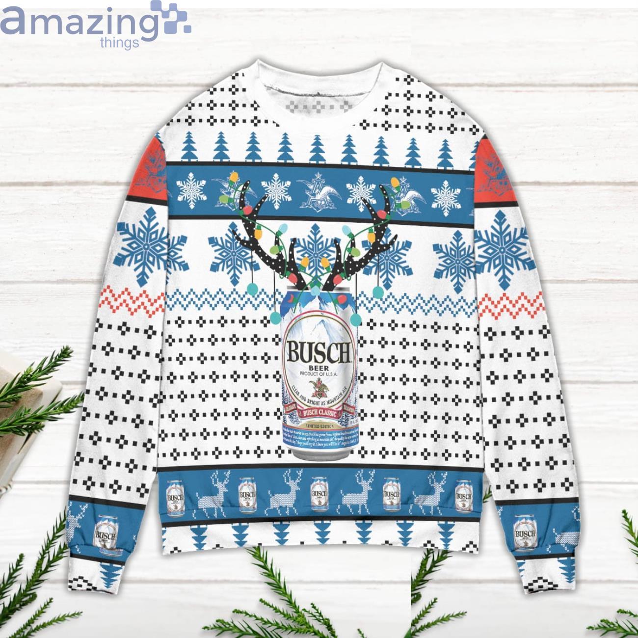 Busch Beer Reindeer Snowflake Pattern Ugly Christmas Sweater image Busch Beer Reindeer Snowflake Pattern Ugly Christmas Sweater Product Photo 2