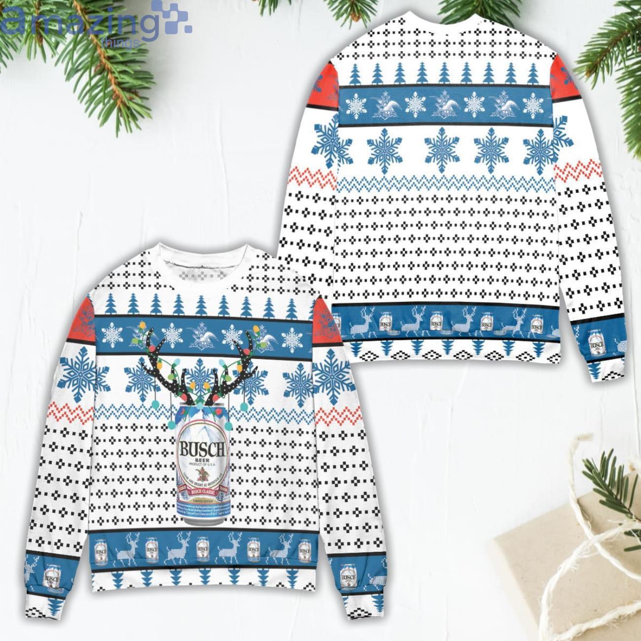Busch Beer Reindeer Snowflake Pattern Ugly Christmas Sweater Product Photo 1 Busch Beer Reindeer Snowflake Pattern Ugly Christmas Sweater Product Photo 1