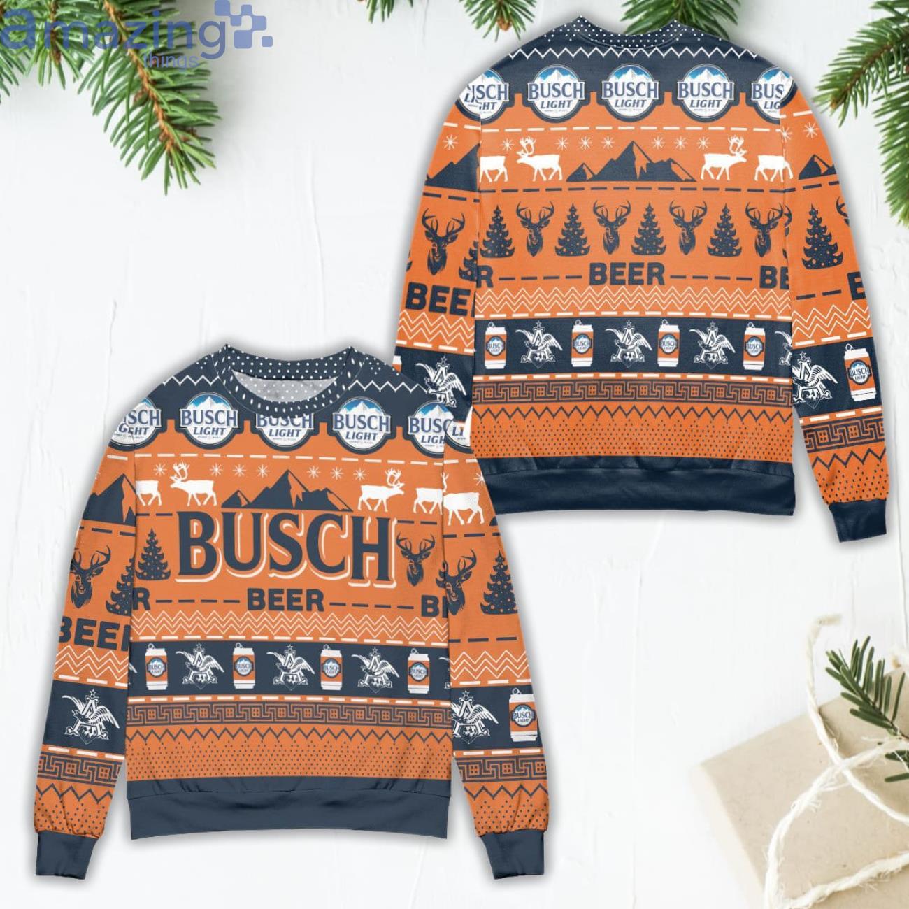 Busch Light Beer Reindeer Pattern Orange Ugly Christmas Sweater Product Photo 1 Busch Light Beer Reindeer Pattern Orange Ugly Christmas Sweater Product Photo 1