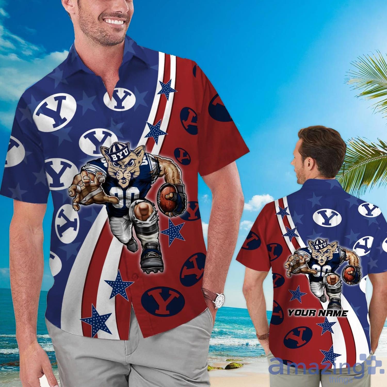 BYU Cougars American Flag Custom Name Hawaiian Shirt Product Photo 1