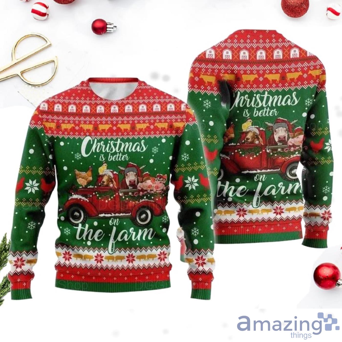Christmas Farm  And Red Car Ugly Sweater Christmas Shirt Product Photo 1