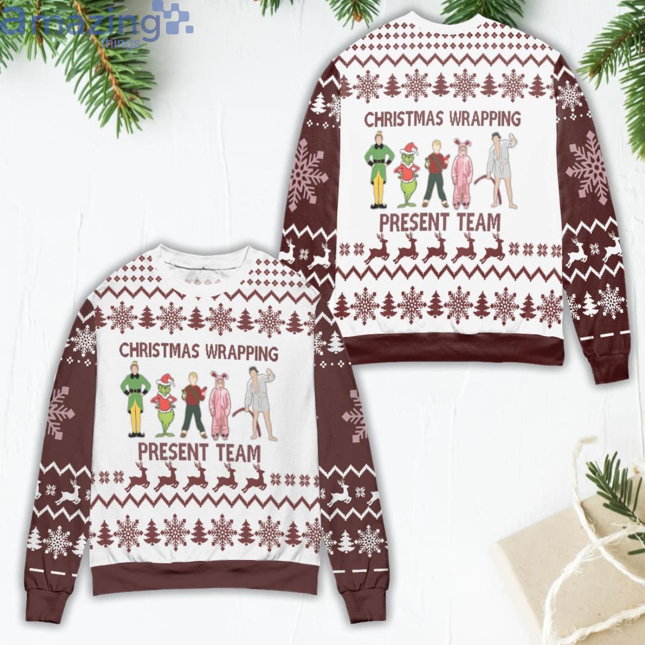 Christmas Wrapping Presents Team Grinch & Friends Reindeer Snowflake Ugly Christmas Sweater Product Photo 1 Christmas Wrapping Presents Team Grinch & Friends Reindeer Snowflake Ugly Christmas Sweater Product Photo 1