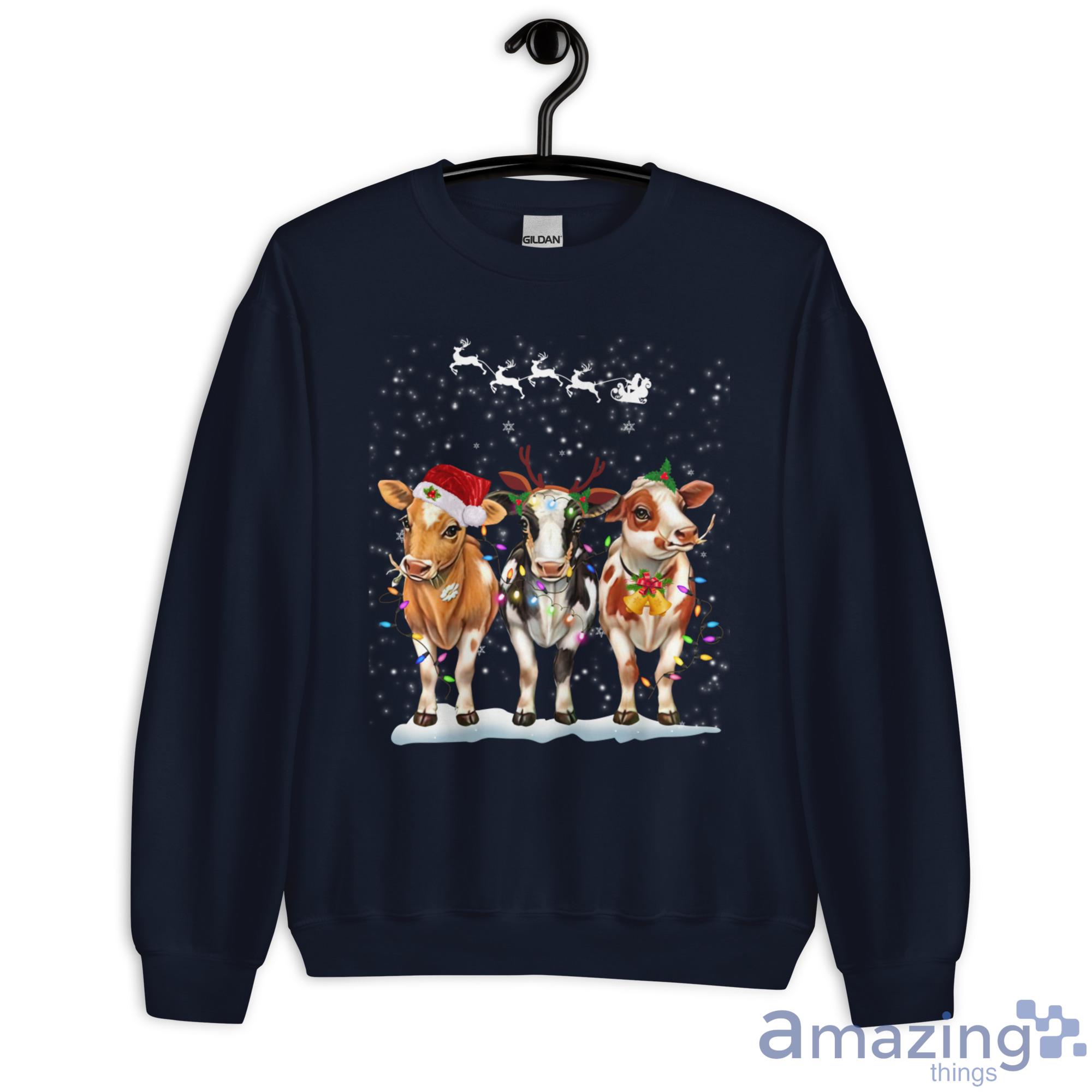 Cow Reindeer Hat Santa Christmas Light Funny Cow Christmas Sweatshirt - G180 Unisex Heavy Blend Crewneck Sweatshirt-1
