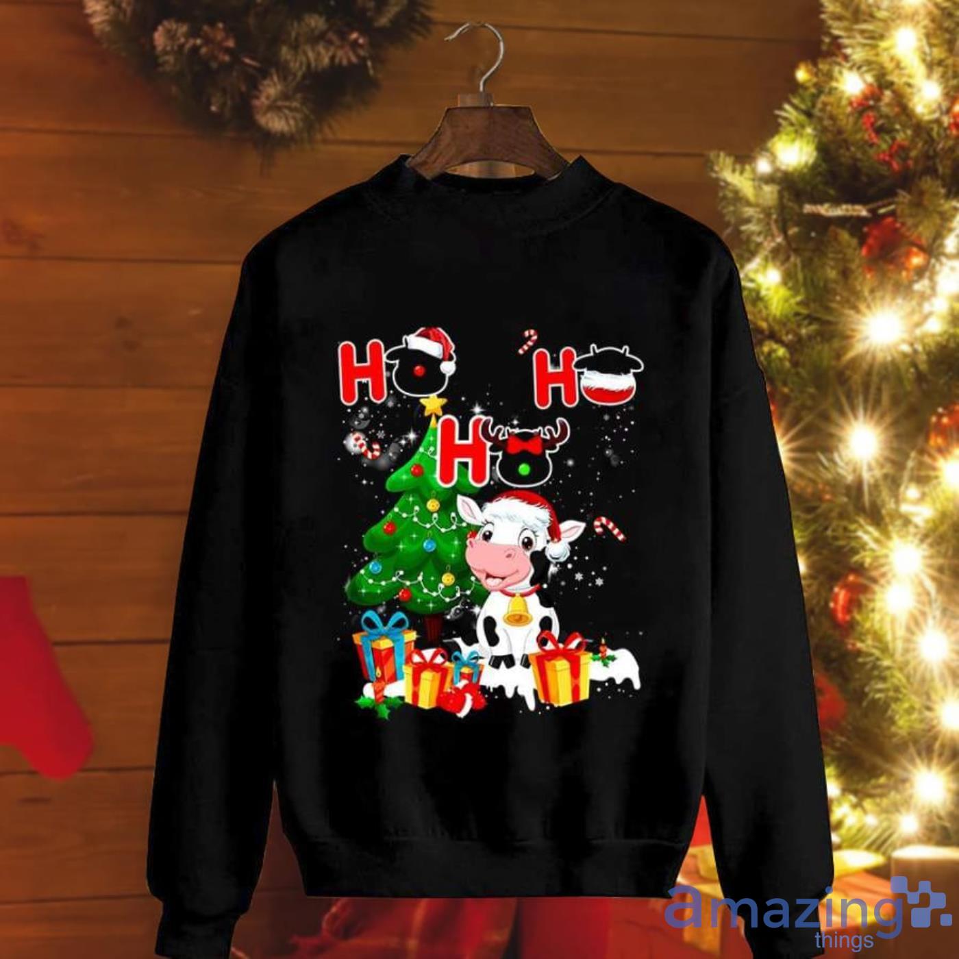Cows Ho Ho Ho Christmas Xmas Tree Candy Cane Gifts Lovers Christmas Sweatshirt Product Photo 1
