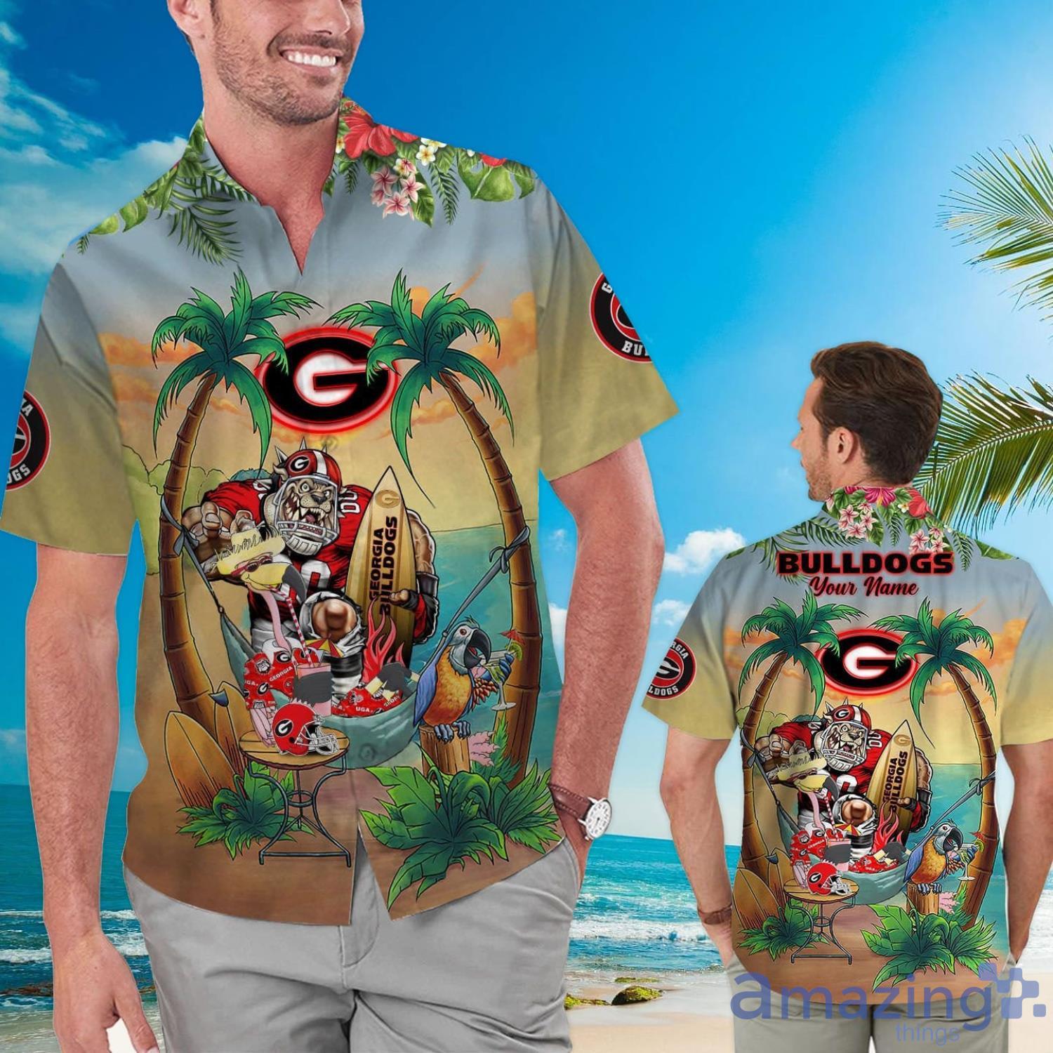 Custom Name Georgia Bulldogs With Flamingo Parrot Tropical Beach Coconut Tree Hawaiian Shirt Product Photo 1