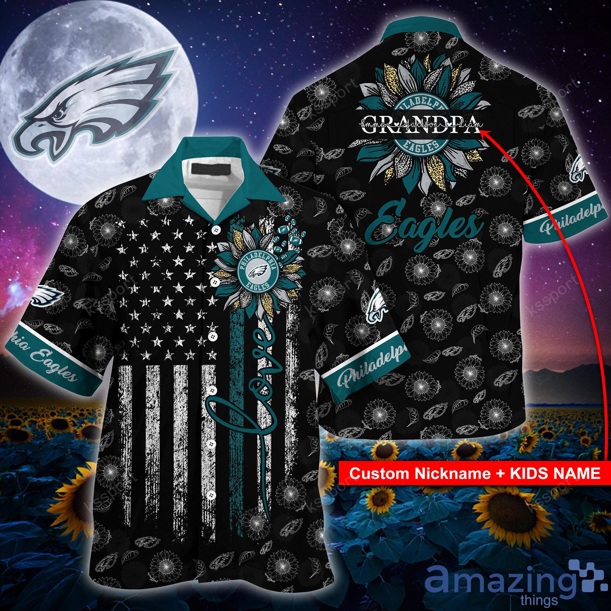 Custom Name Philadelphia Eagles NFL And Flowers Pattern Hawaiian Shirt Product Photo 1