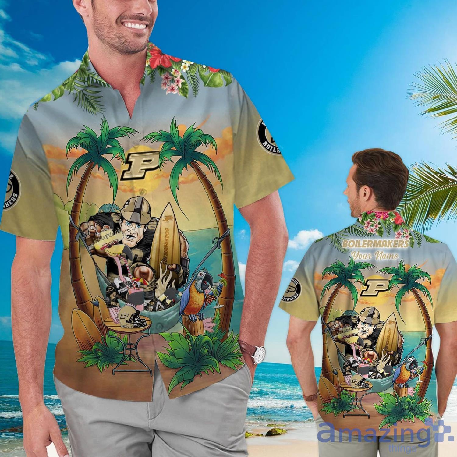 Custom Name Purdue Boilermakers With Flamingo Parrot Tropical Beach Coconut Tree Hawaiian Shirt Product Photo 1