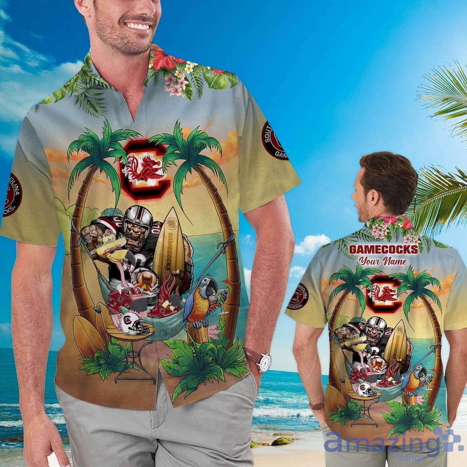 Custom Name South Carolina Gamecocks With Flamingo Parrot Tropical Beach Coconut Tree Hawaiian Shirt Product Photo 1